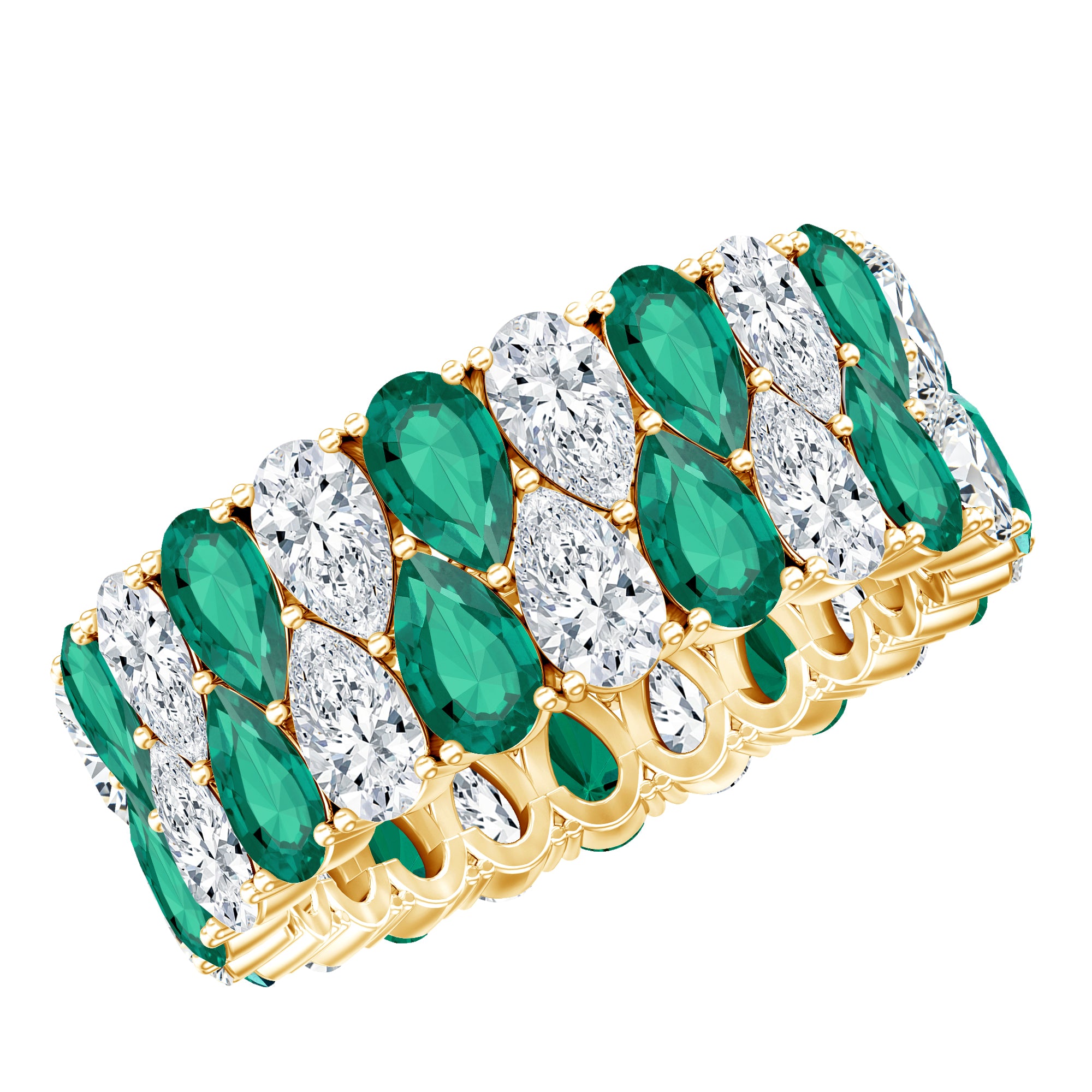 Vintage Style Lab Grown Emerald and Diamond Wide Eternity Band AAAA - Rosec Jewels