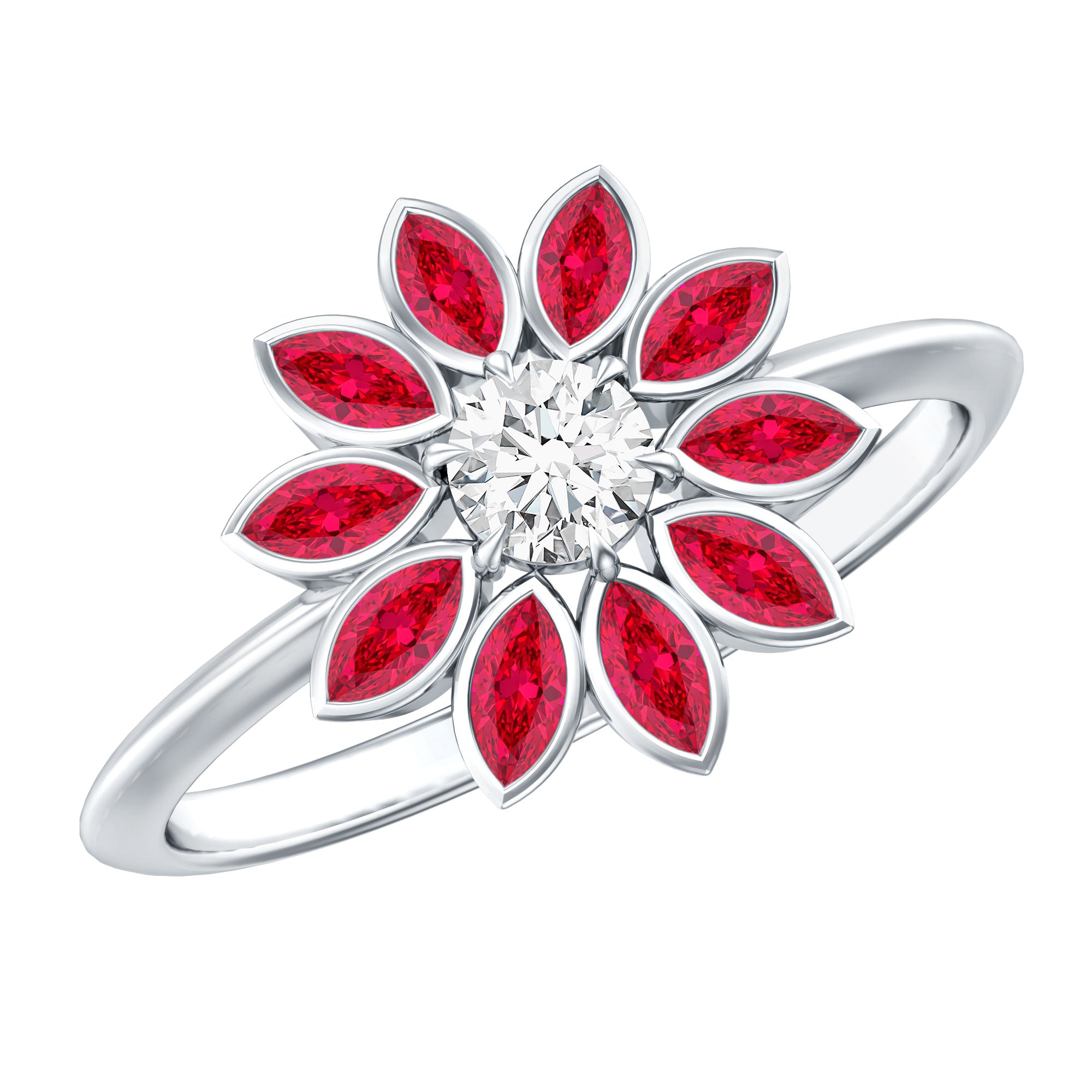 Lab Grown Diamond and Ruby Flower Cocktail Ring with Certificate Lab - ( EF-VS ) - Rosec Jewels