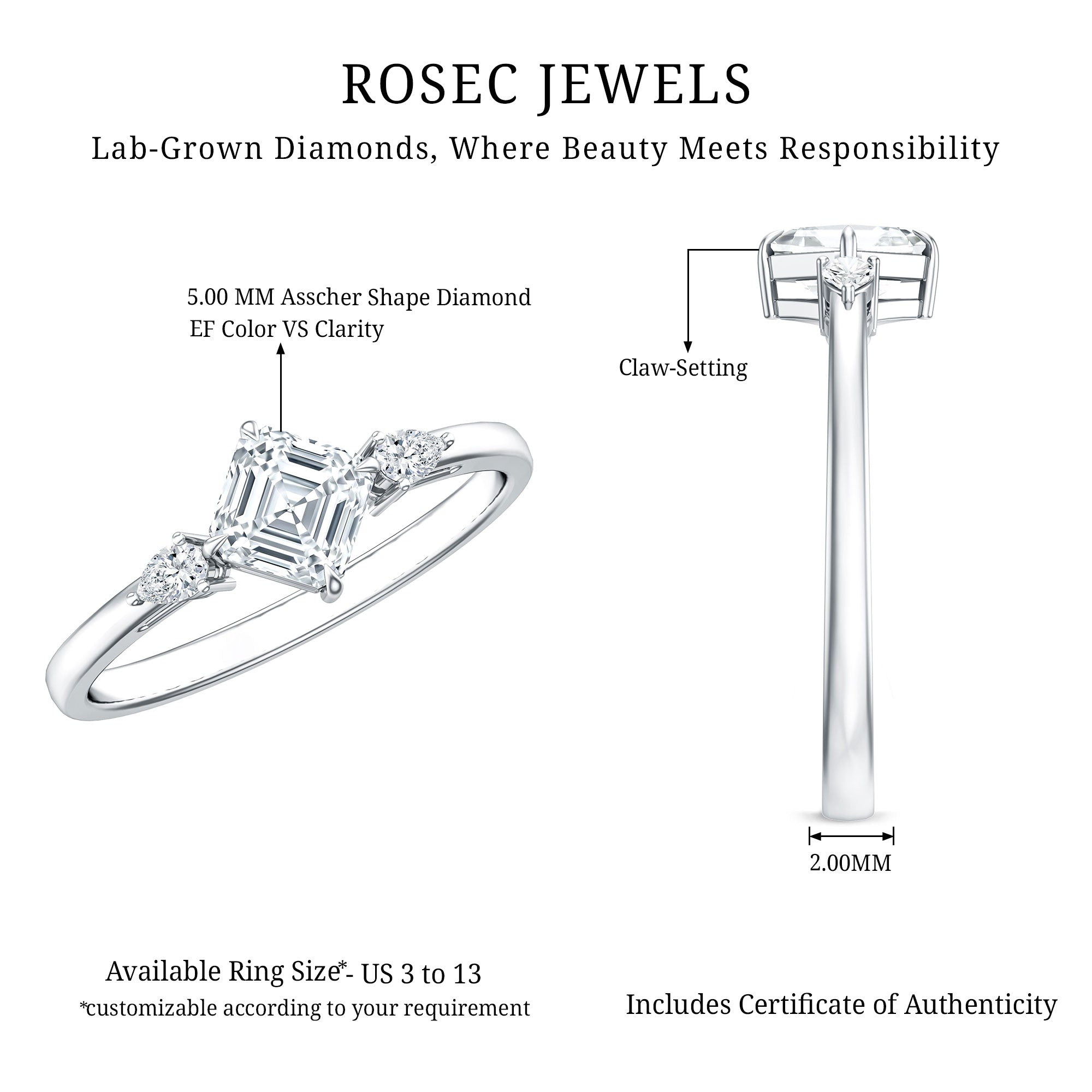 0.7 Carat Asscher Cut Lab Grown Diamond Engagement Ring with Certificate Lab - ( EF-VS ) - Rosec Jewels