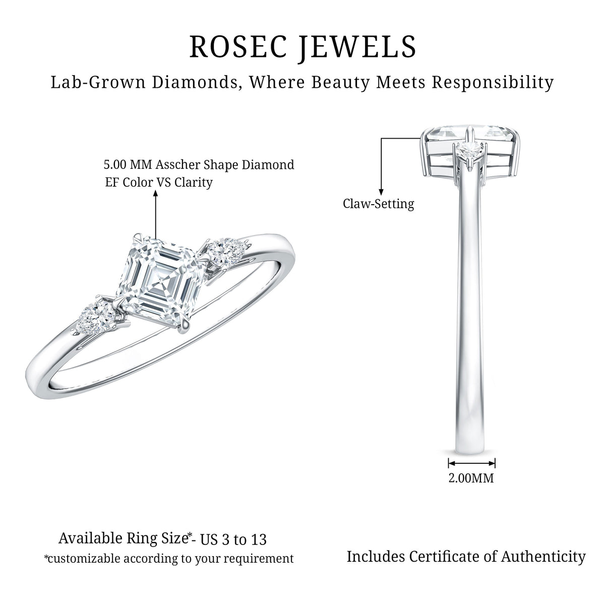 0.7 Carat Asscher Cut Lab Grown Diamond Engagement Ring with Certificate Lab - ( EF-VS ) - Rosec Jewels