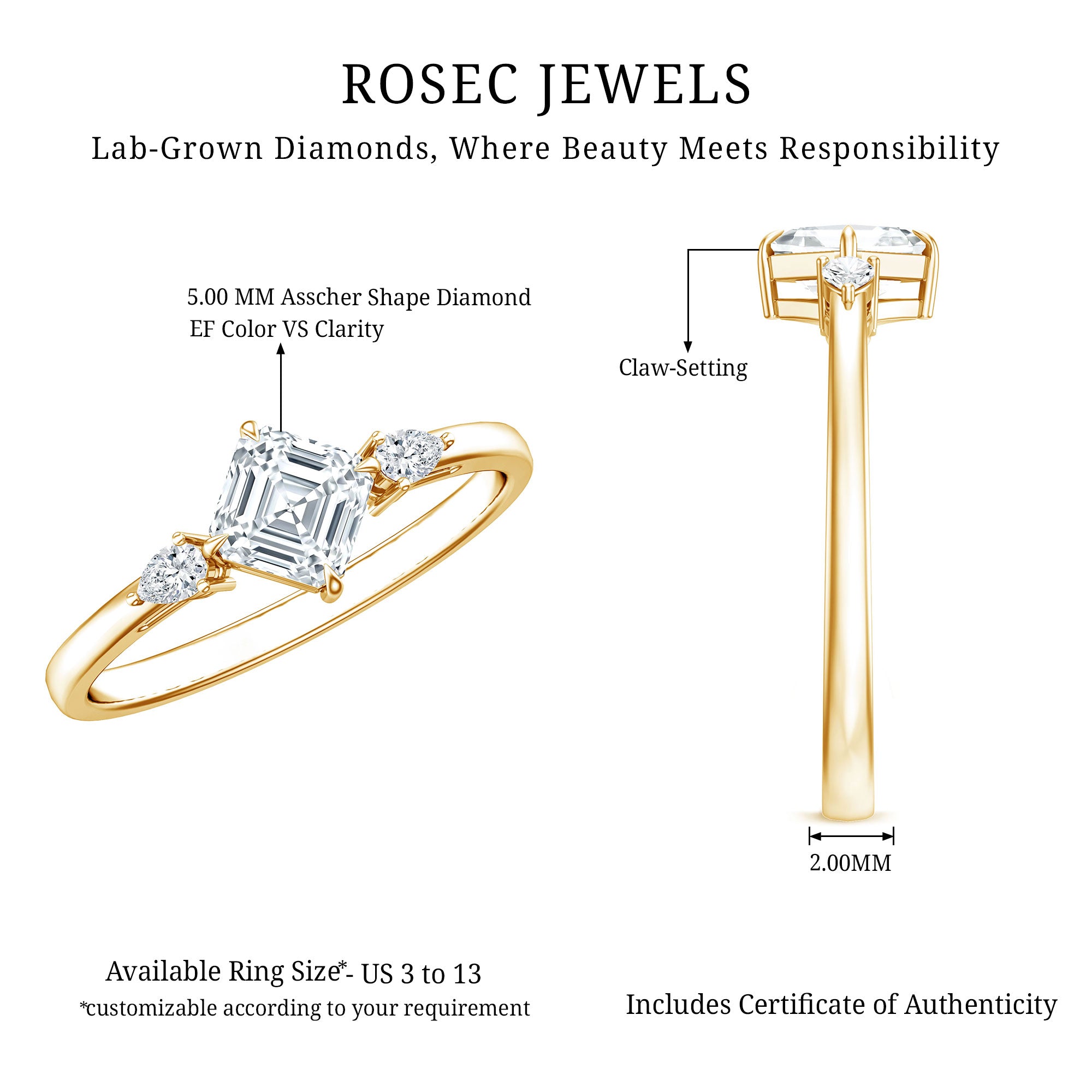 0.7 Carat Asscher Cut Lab Grown Diamond Engagement Ring with Certificate Lab - ( EF-VS ) - Rosec Jewels