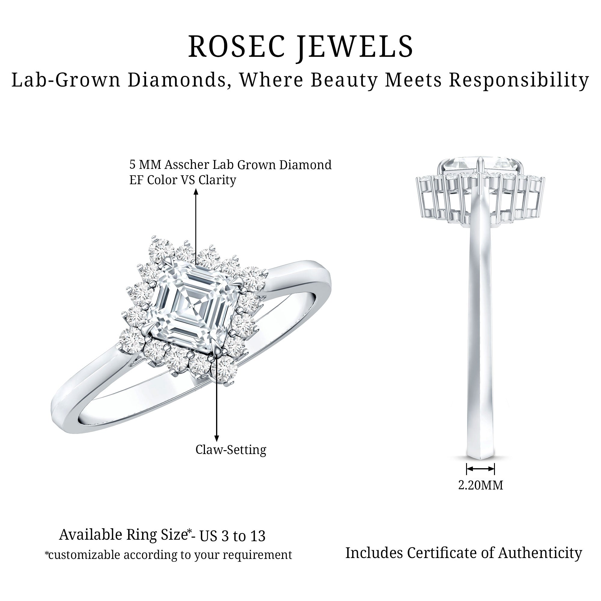 Certified 0.7 Carat Lab Grown Diamond Statement Engagement Ring Lab - ( EF-VS ) - Rosec Jewels