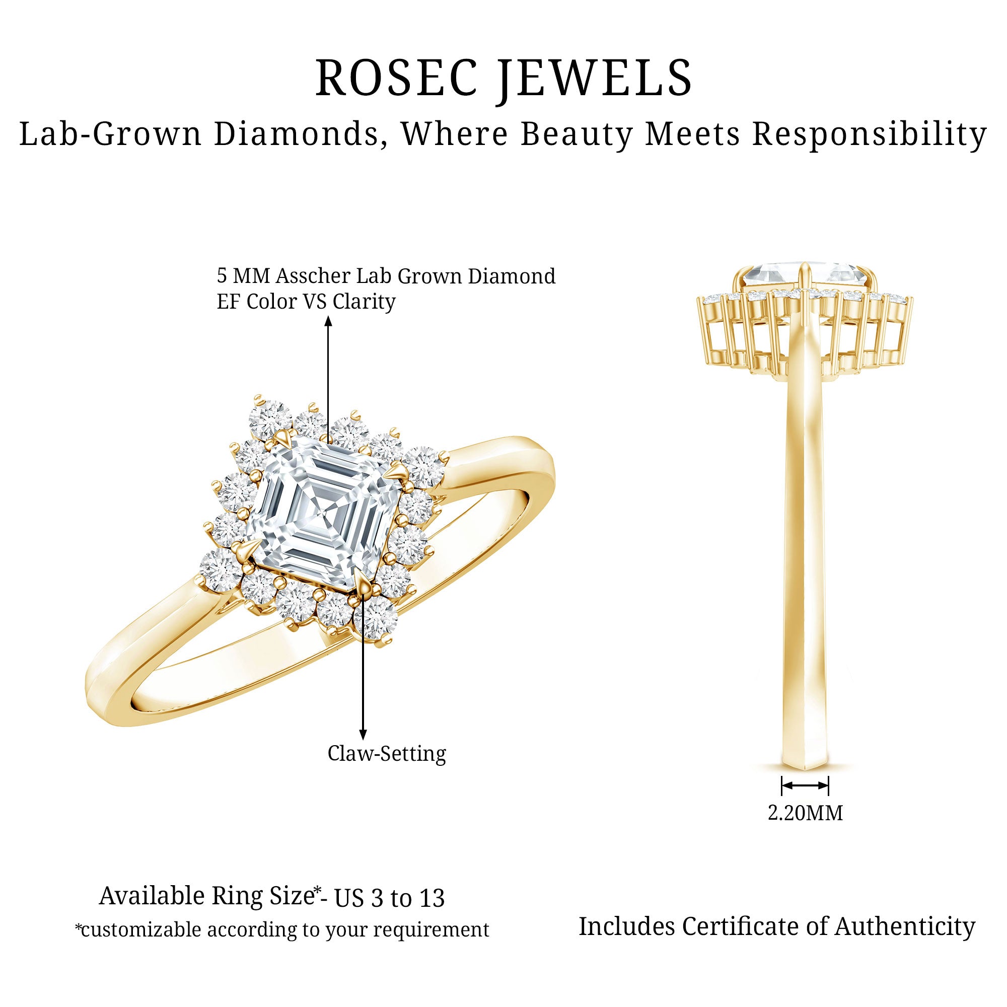 Certified 0.7 Carat Lab Grown Diamond Statement Engagement Ring Lab - ( EF-VS ) - Rosec Jewels
