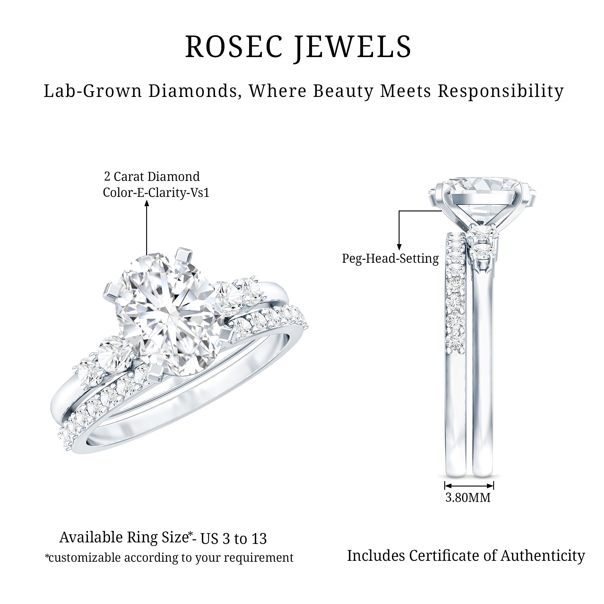 2 Carat Oval Shape Lab Diamond Bridal Ring Set with IGI Certificate Lab - ( E-VS1 ) - Rosec Jewels