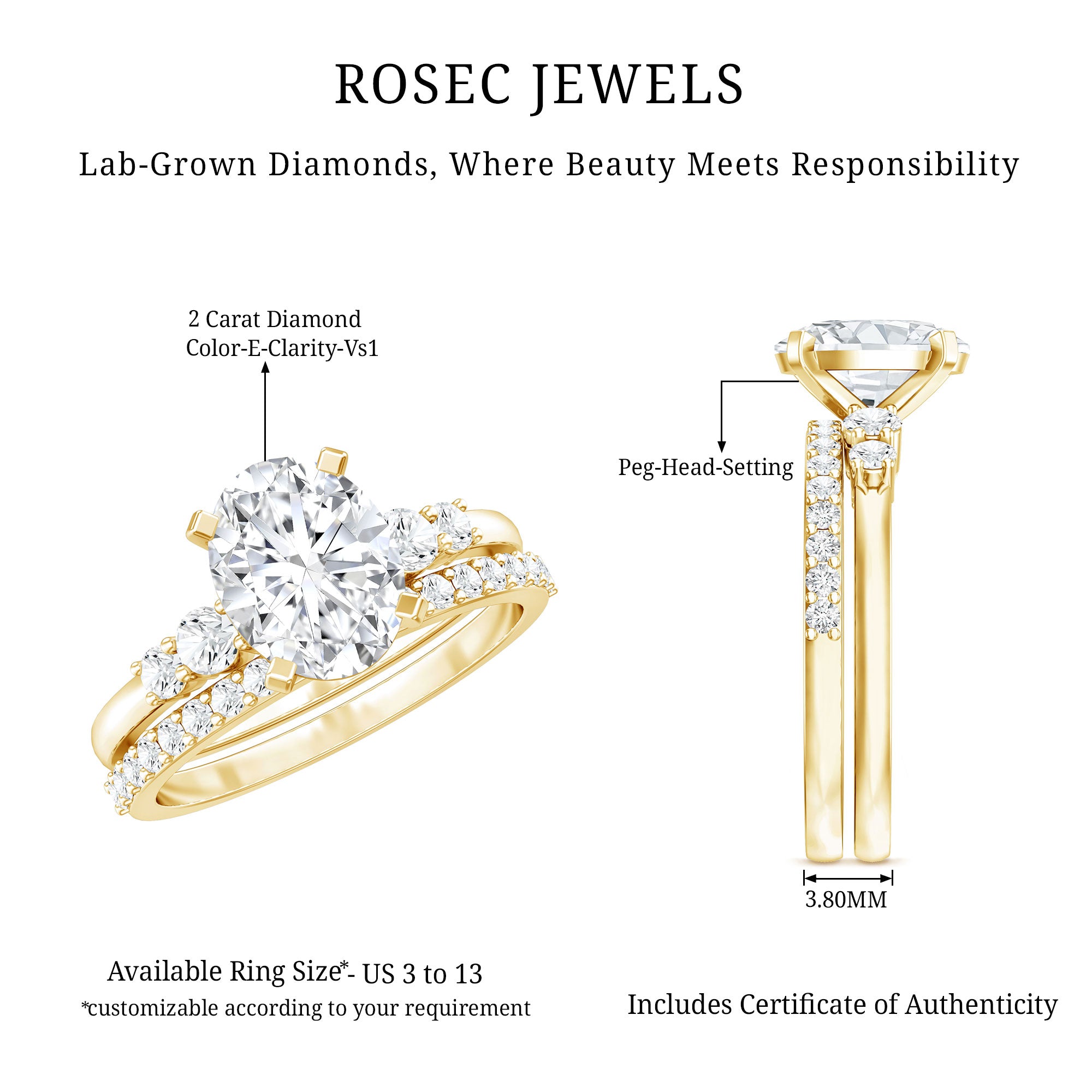 2 Carat Oval Shape Lab Diamond Bridal Ring Set with IGI Certificate Lab - ( E-VS1 ) - Rosec Jewels