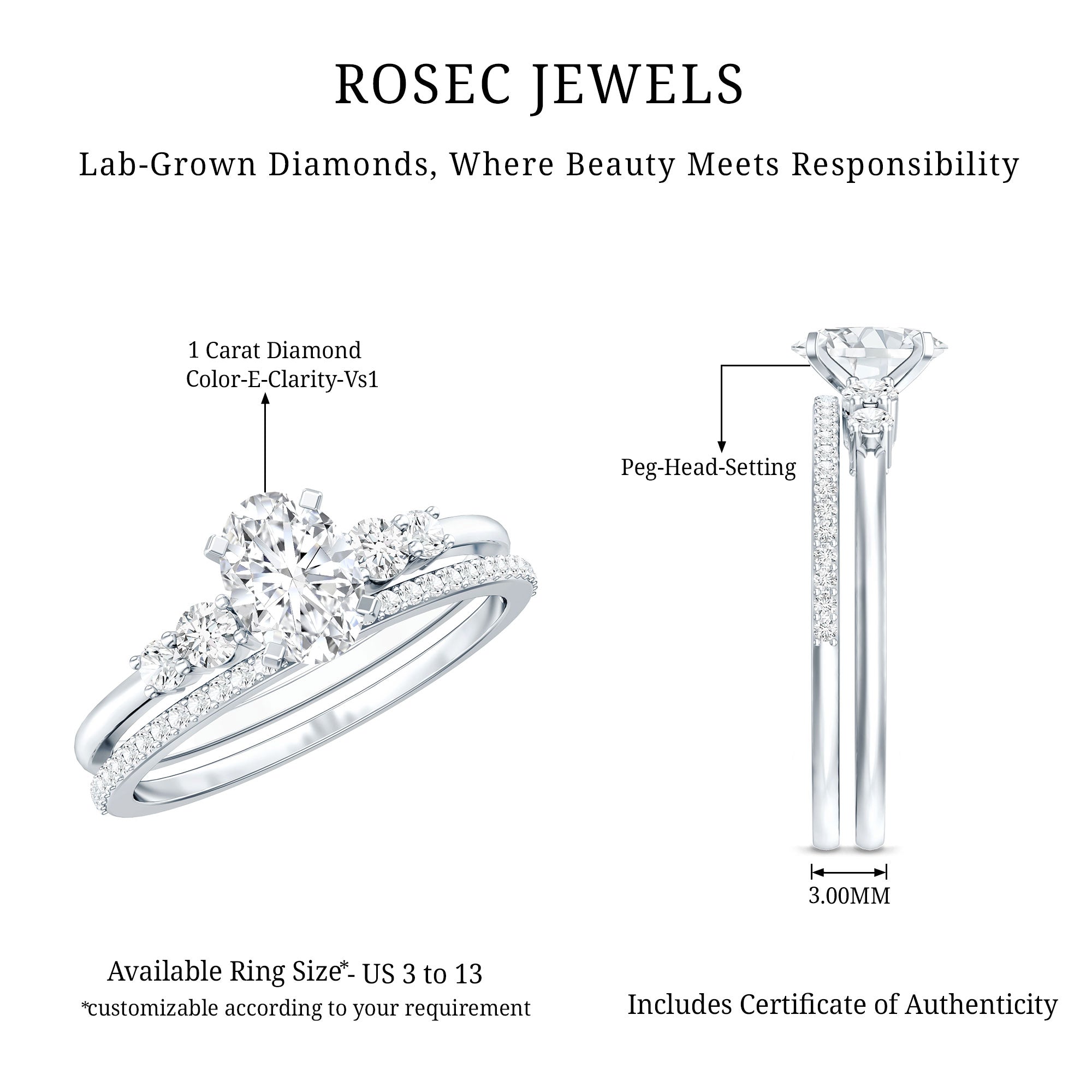 IGI Certified Lab Grown Diamond Engagement Ring with Wedding Band Lab - ( E-VS1 ) - Rosec Jewels