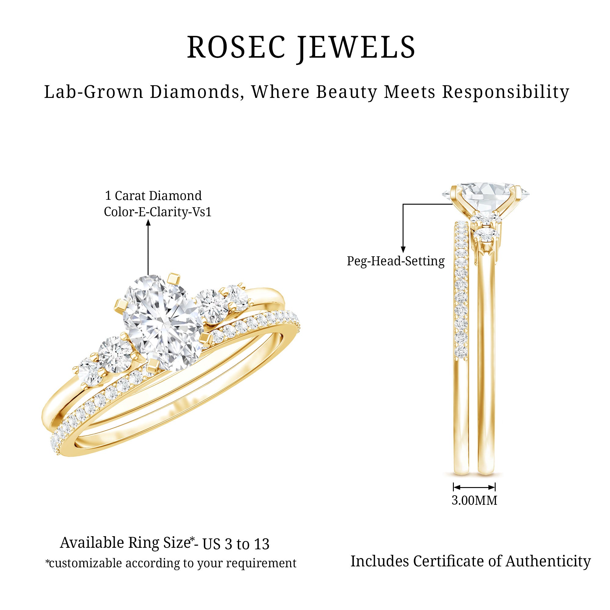 IGI Certified Lab Grown Diamond Engagement Ring with Wedding Band Lab - ( E-VS1 ) - Rosec Jewels