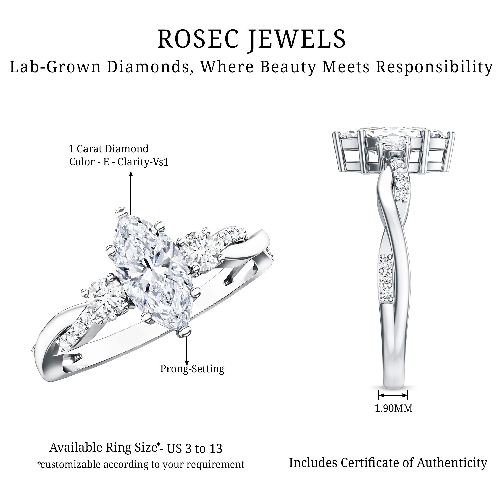 1 Carat Marquise Cut Lab Grown Diamond Designer Engagement Ring IGI Certified Lab - ( E-VS1 ) - Rosec Jewels