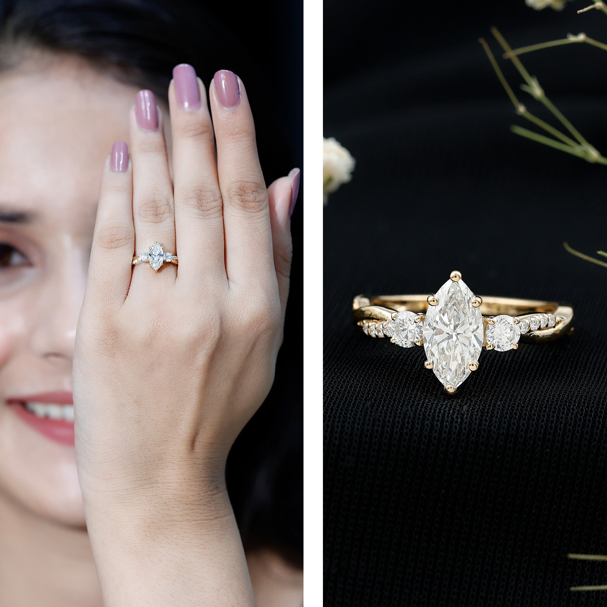 1 Carat Marquise Cut Lab Grown Diamond Designer Engagement Ring IGI Certified Lab - ( E-VS1 ) - Rosec Jewels