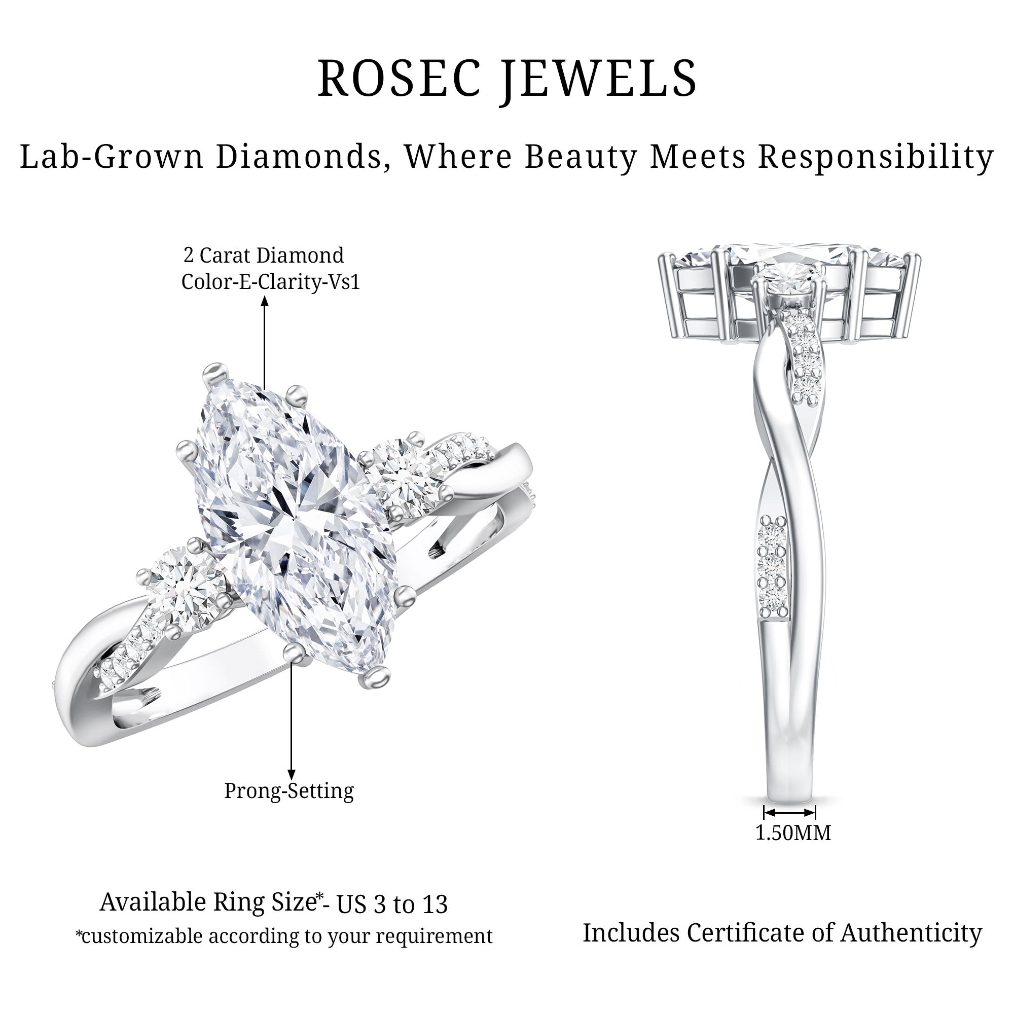 2 Carat Marquise Cut Lab Grown Diamond Crossover Engagement Ring with IGI Certificate Lab - ( E-VS1 ) - Rosec Jewels