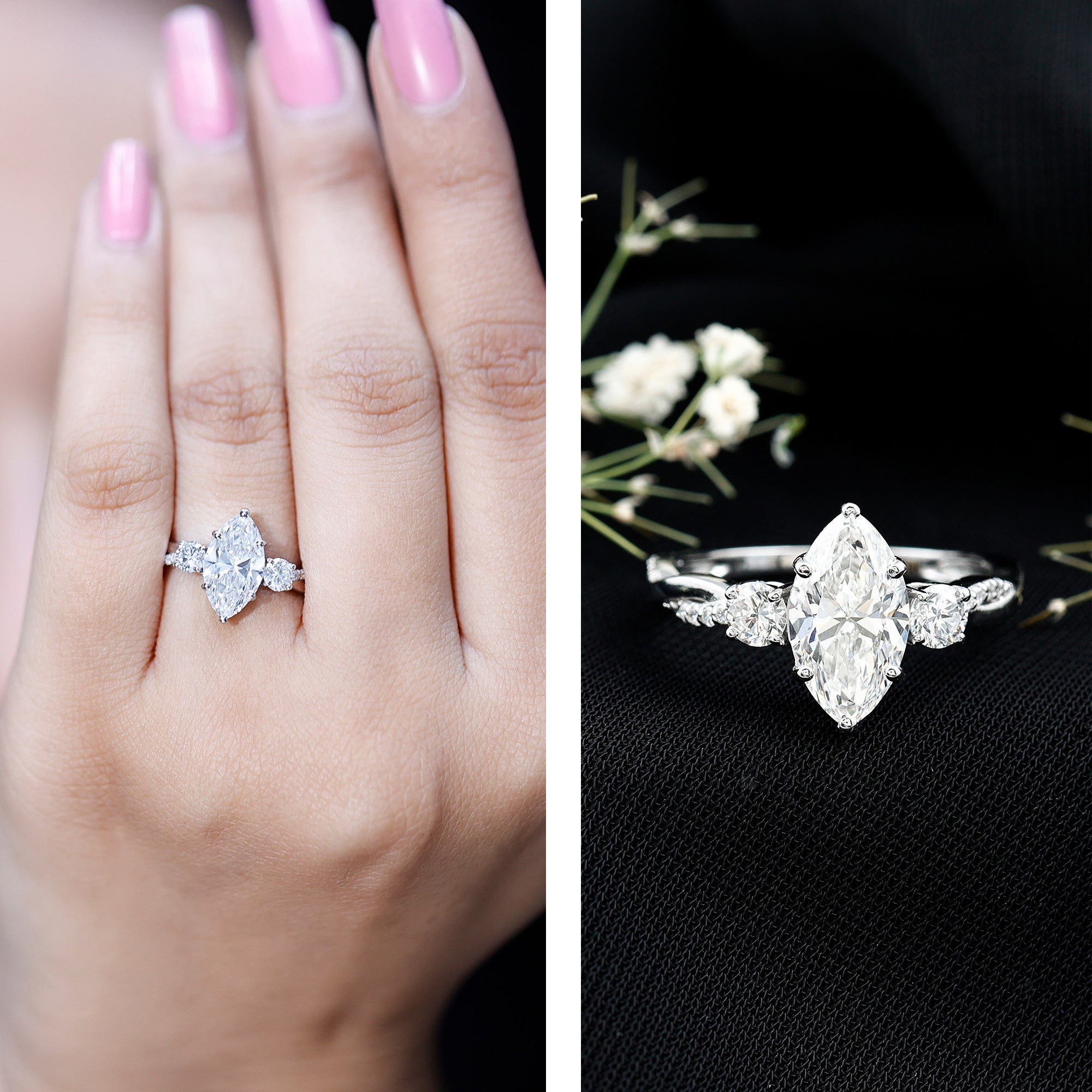 2 Carat Marquise Cut Lab Grown Diamond Crossover Engagement Ring with IGI Certificate Lab - ( E-VS1 ) - Rosec Jewels