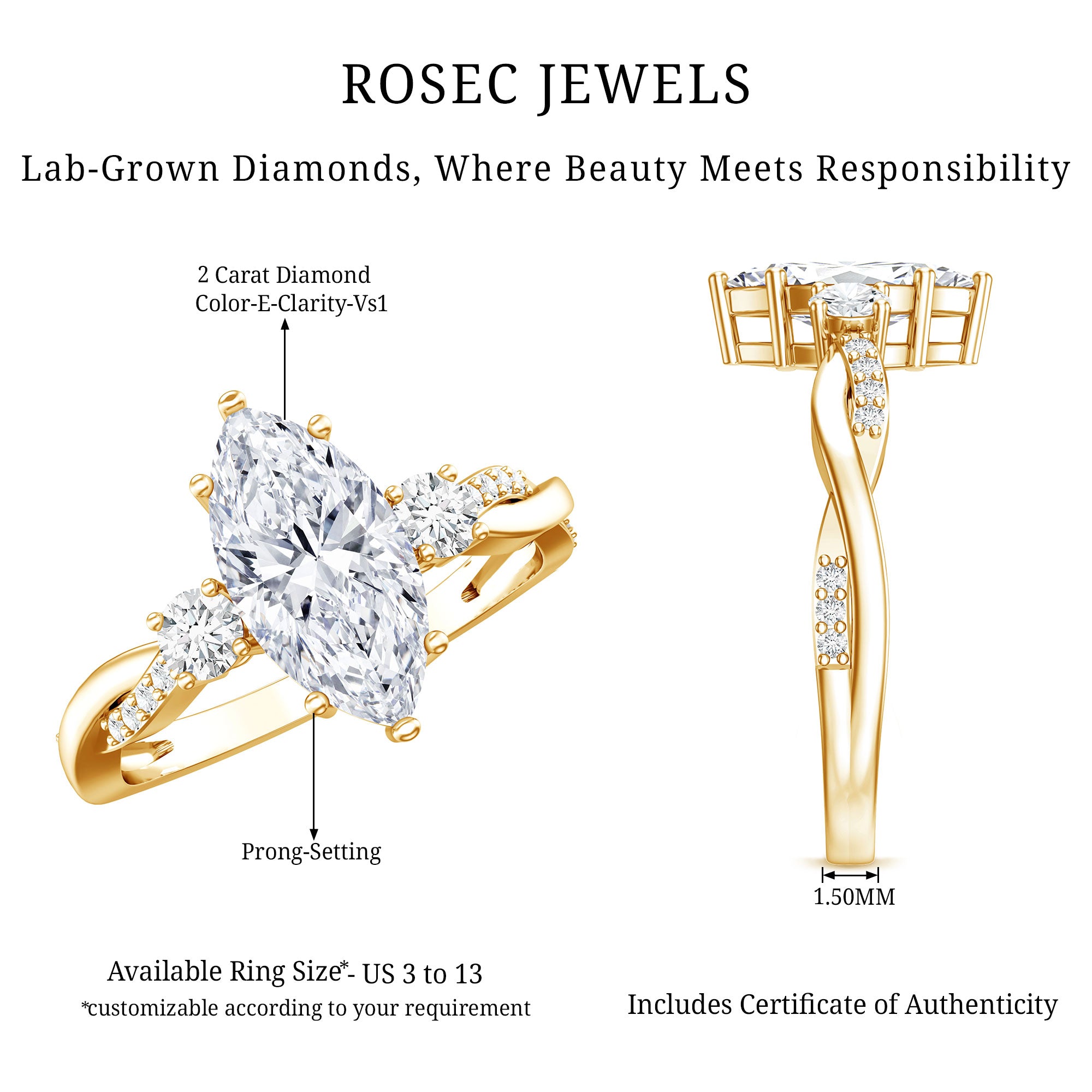 2 Carat Marquise Cut Lab Grown Diamond Crossover Engagement Ring with IGI Certificate Lab - ( E-VS1 ) - Rosec Jewels