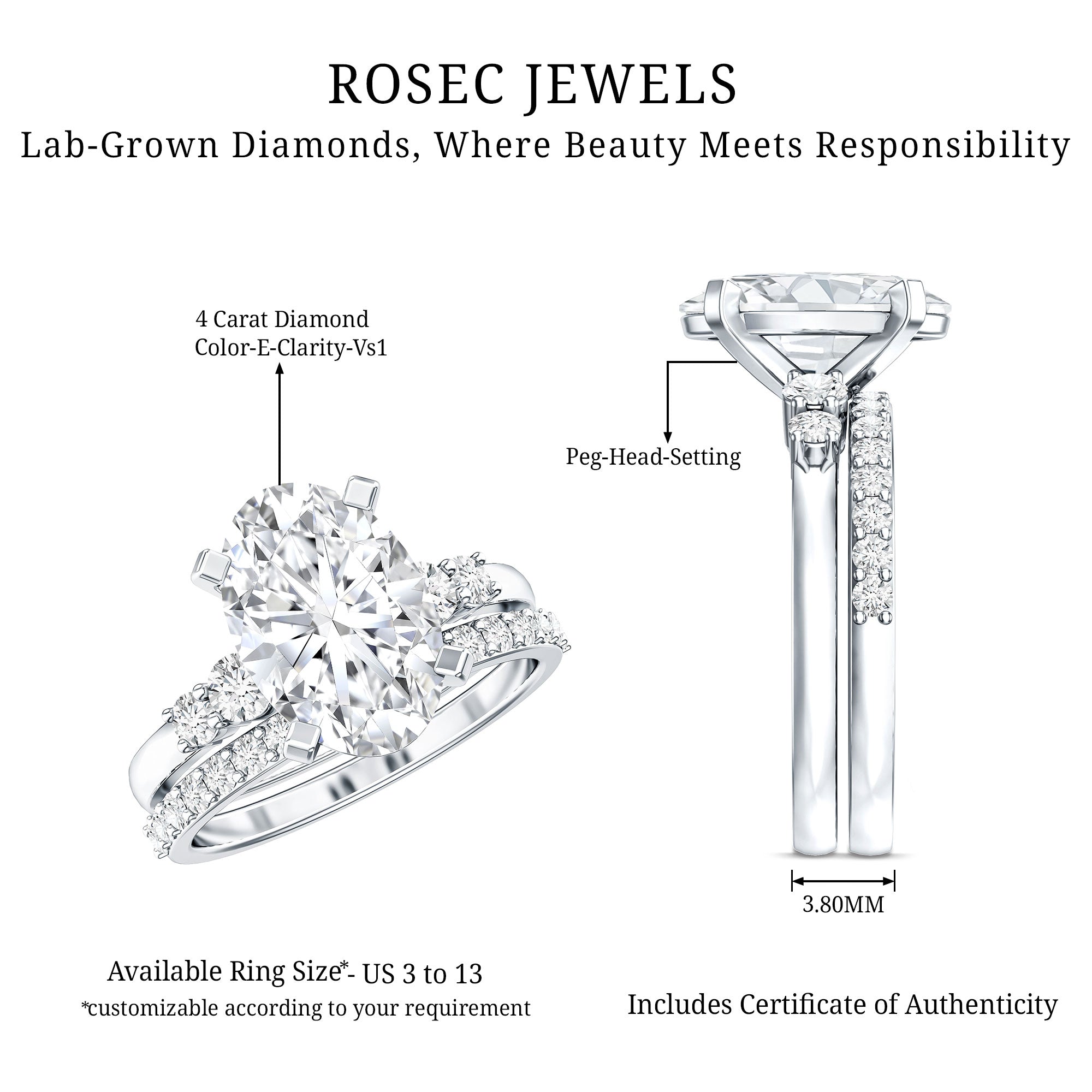 4 Carat Oval Wedding Ring Set with IGI Certified Lab Grown Diamond Lab - ( E-VS1 ) - Rosec Jewels