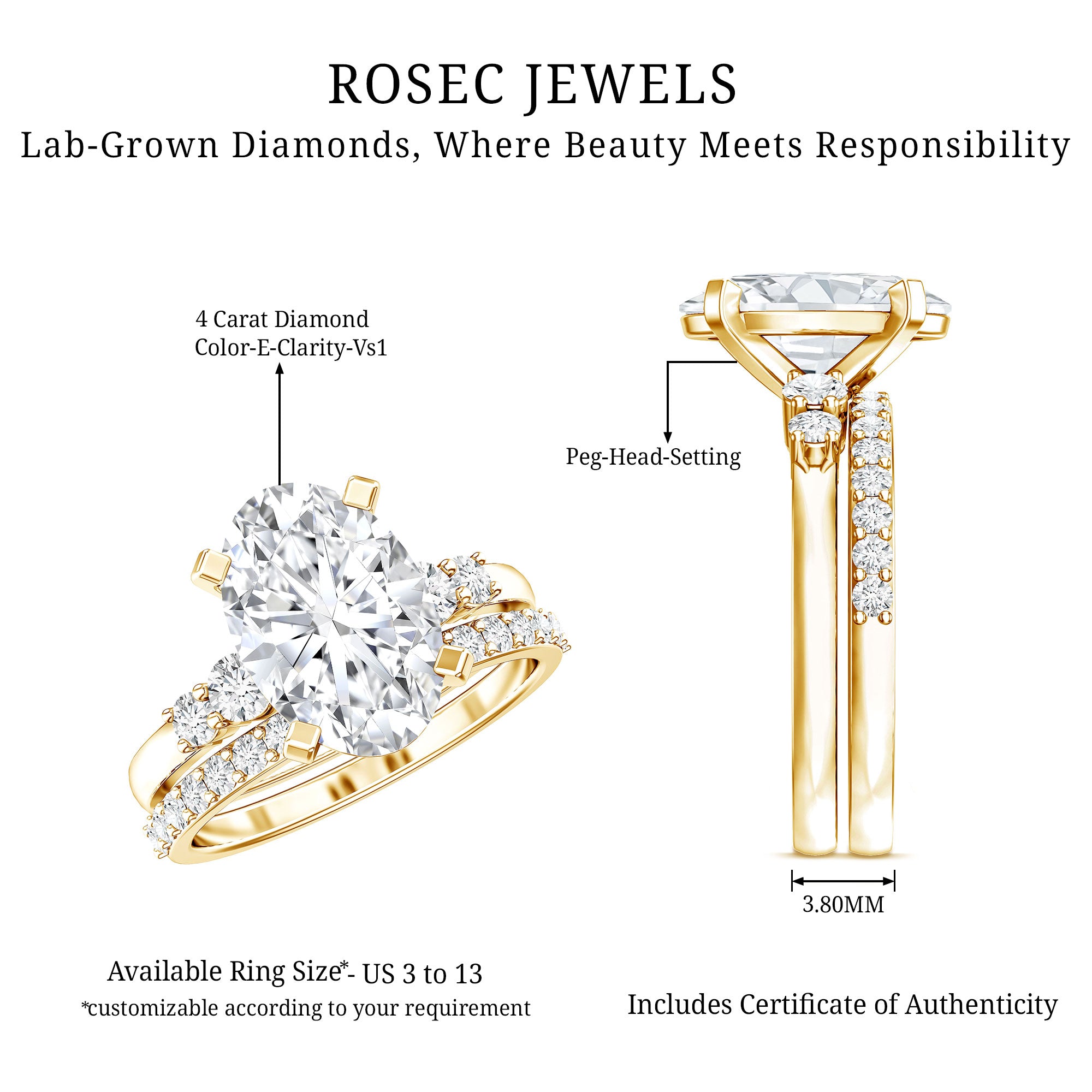 4 Carat Oval Wedding Ring Set with IGI Certified Lab Grown Diamond Lab - ( E-VS1 ) - Rosec Jewels