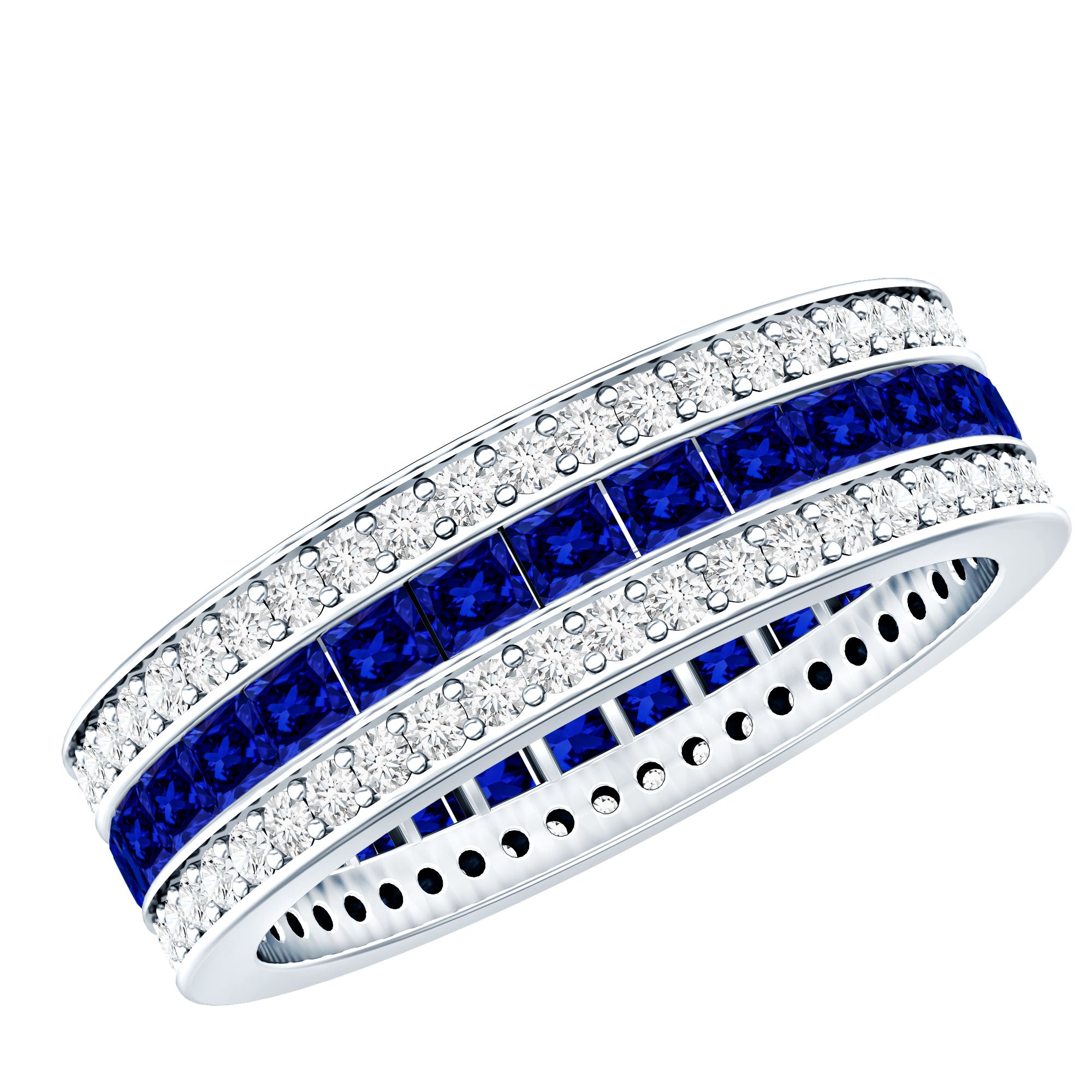 Certified Lab Grown Blue Sapphire 3 Row Wedding Band AAAA - Rosec Jewels