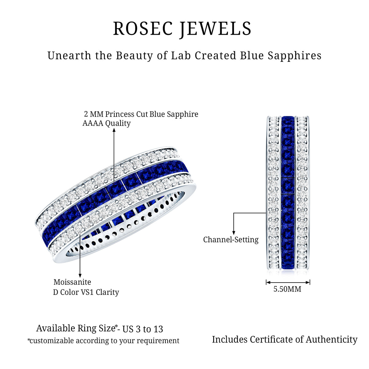 Certified Lab Grown Blue Sapphire 3 Row Wedding Band AAAA - Rosec Jewels