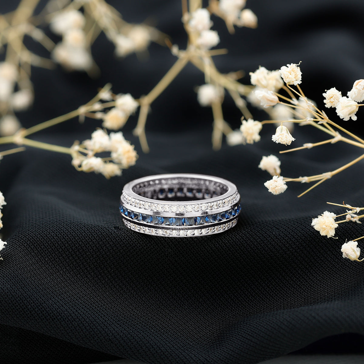 Certified Lab Grown Blue Sapphire 3 Row Wedding Band AAAA - Rosec Jewels