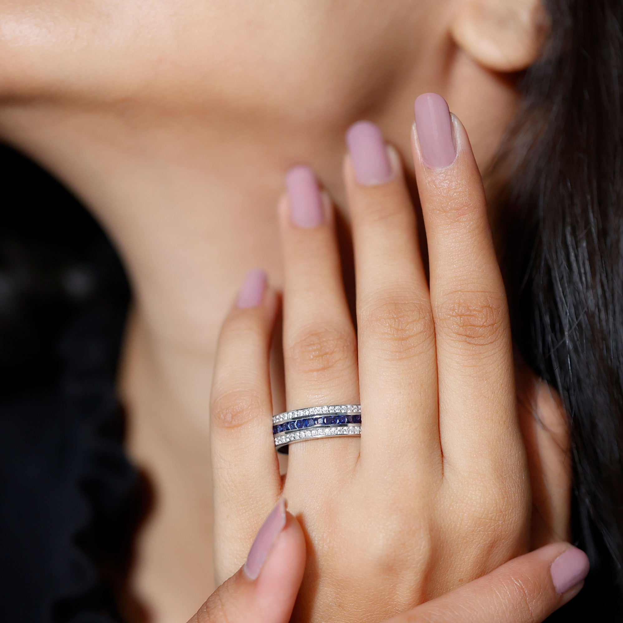Certified Lab Grown Blue Sapphire 3 Row Wedding Band AAAA - Rosec Jewels