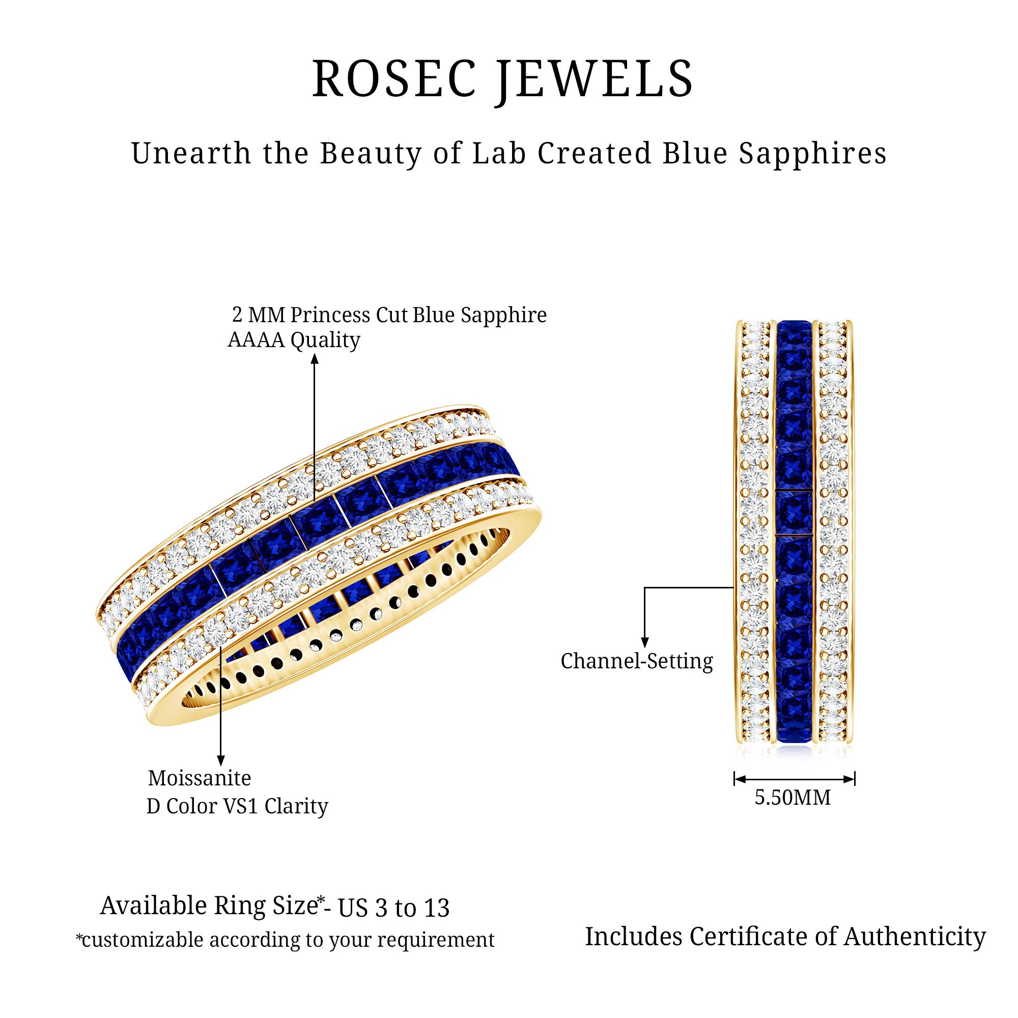Certified Lab Grown Blue Sapphire 3 Row Wedding Band AAAA - Rosec Jewels