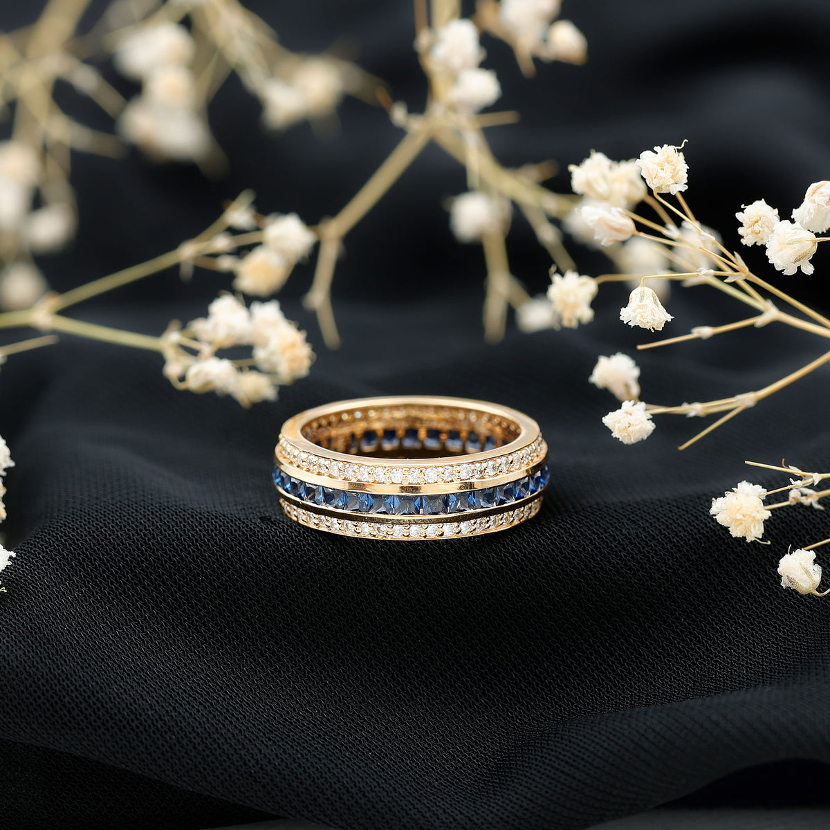 Certified Lab Grown Blue Sapphire 3 Row Wedding Band AAAA - Rosec Jewels