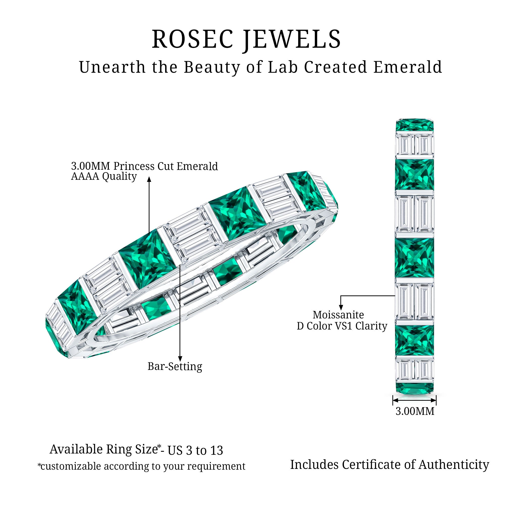 Lab Created Emerald And Moissanite Eternity Wedding Band AAAA - Rosec Jewels