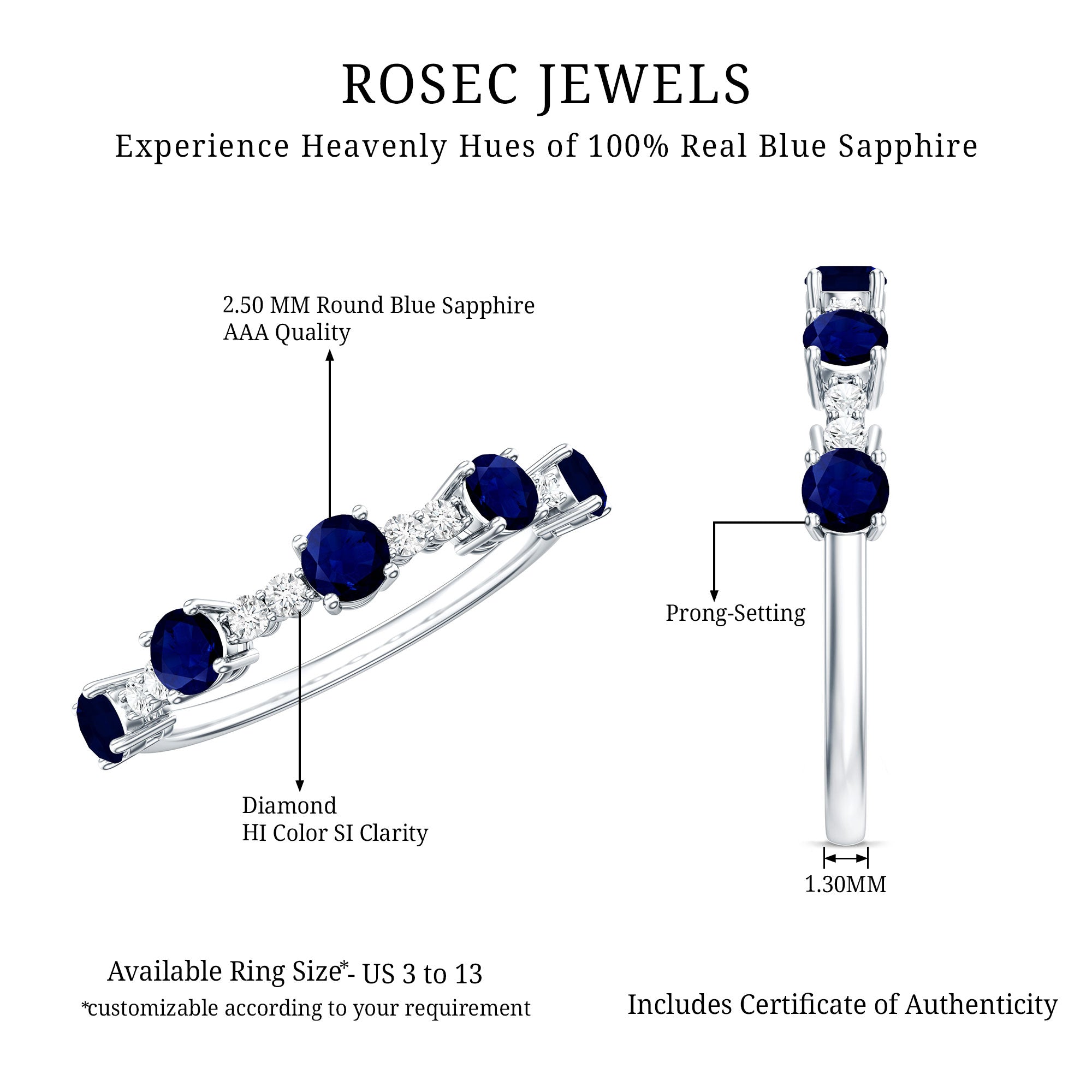 Round Blue Sapphire and Diamond Half Eternity Ring AAA - Rosec Jewels