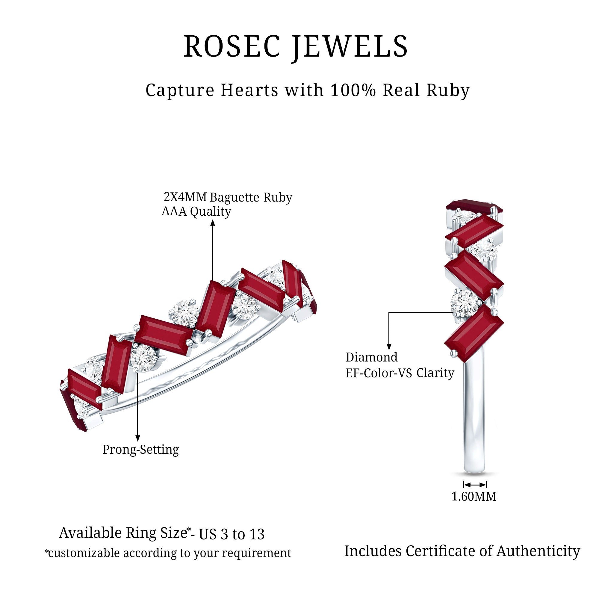 Certified Ruby Half Eternity Ring with Lab Grown Diamond AAA - Rosec Jewels