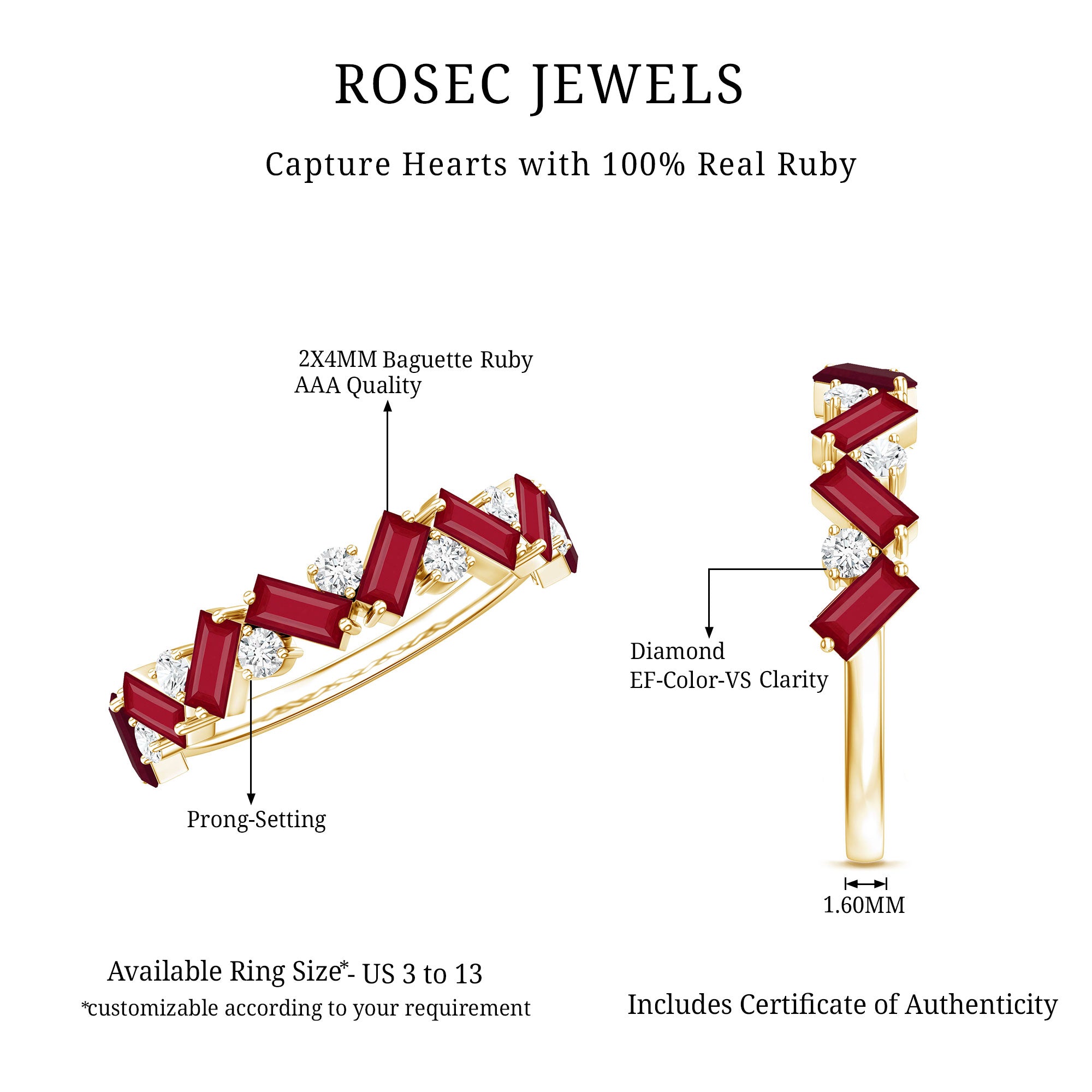 Certified Ruby Half Eternity Ring with Lab Grown Diamond AAA - Rosec Jewels