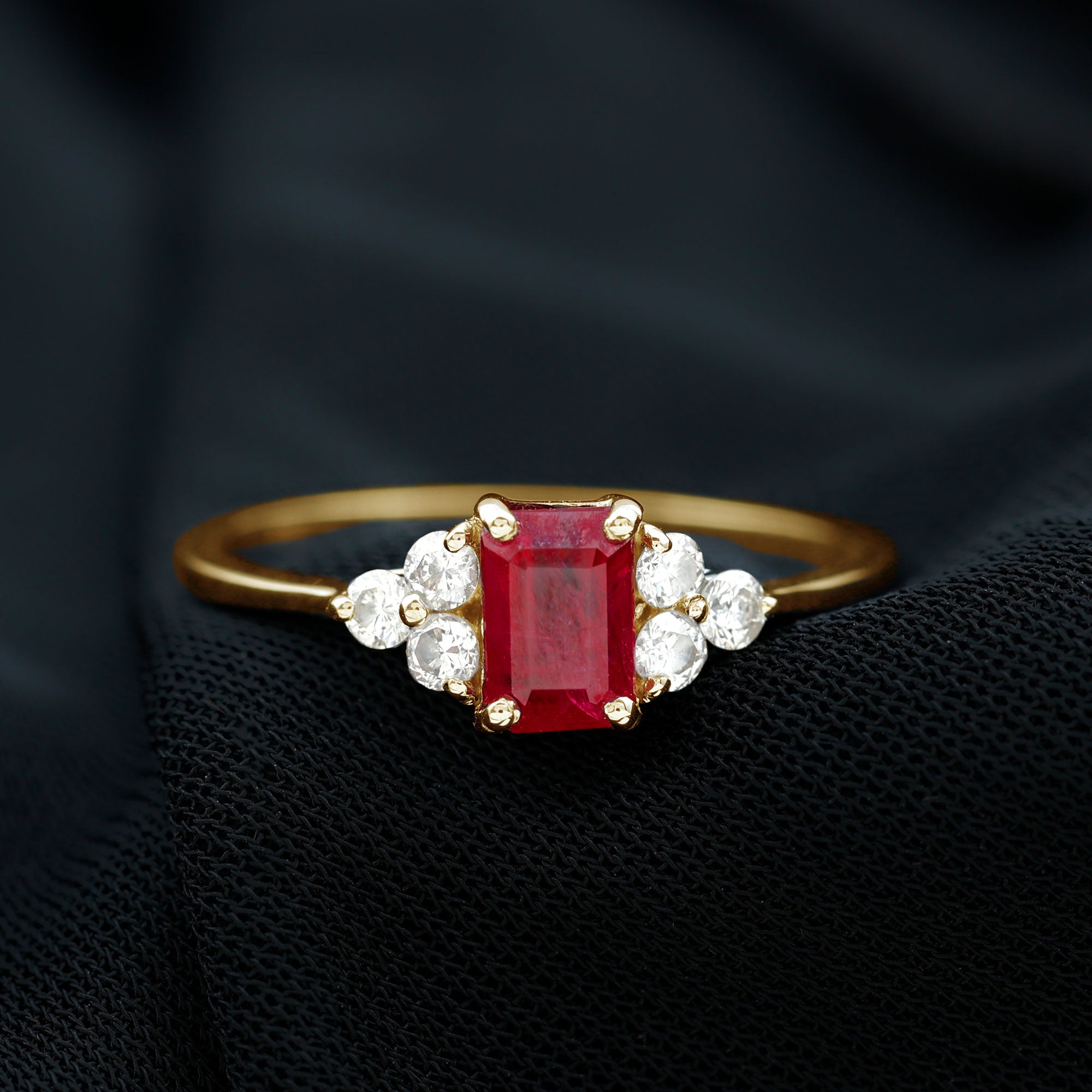Emerald Cut Ruby Solitaire Ring with Diamond Trio Ruby - ( AAA ) - Quality - Rosec Jewels