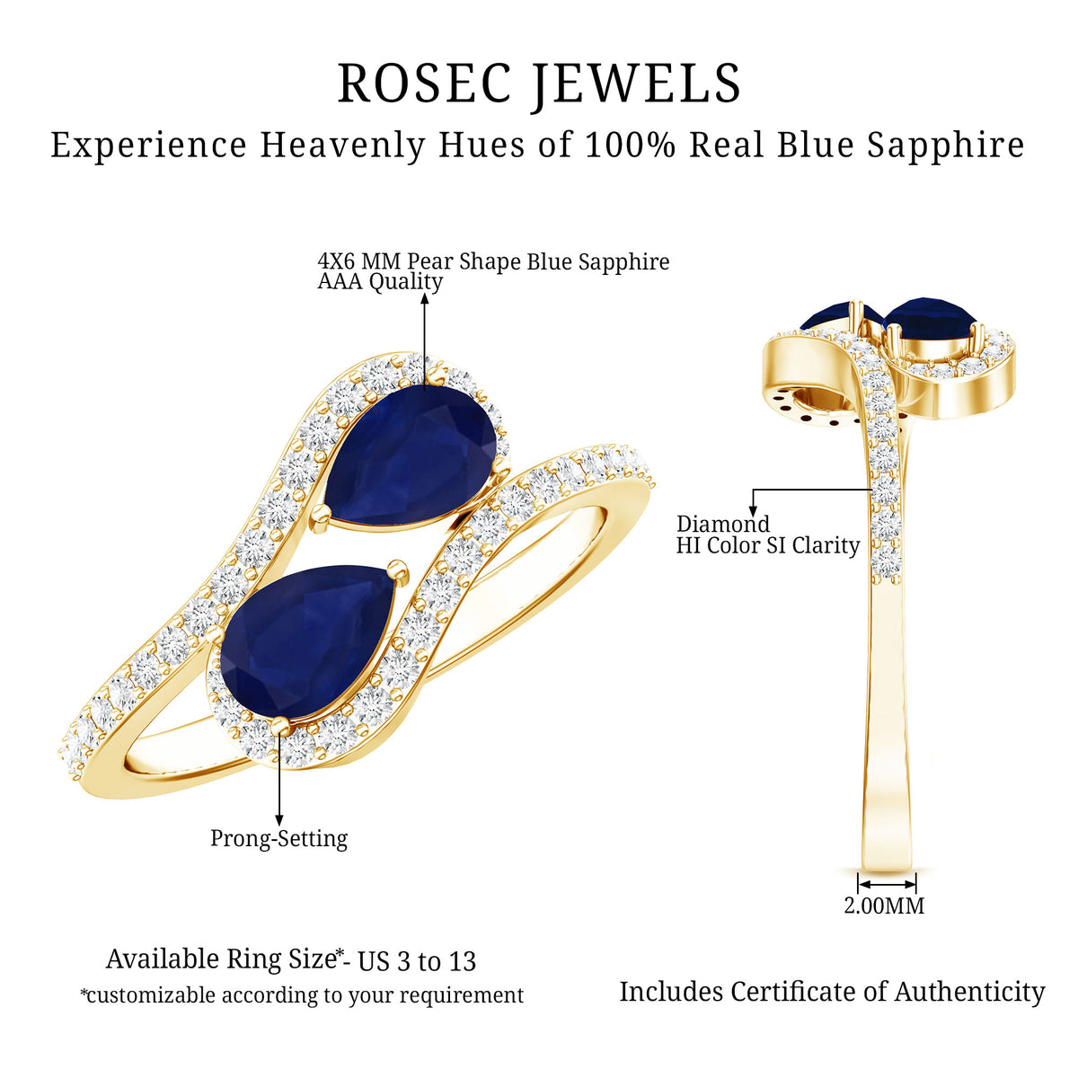 Natural Pear Shape Blue Sapphire 2 Stone Engagement Ring with Diamond AAA - Rosec Jewels