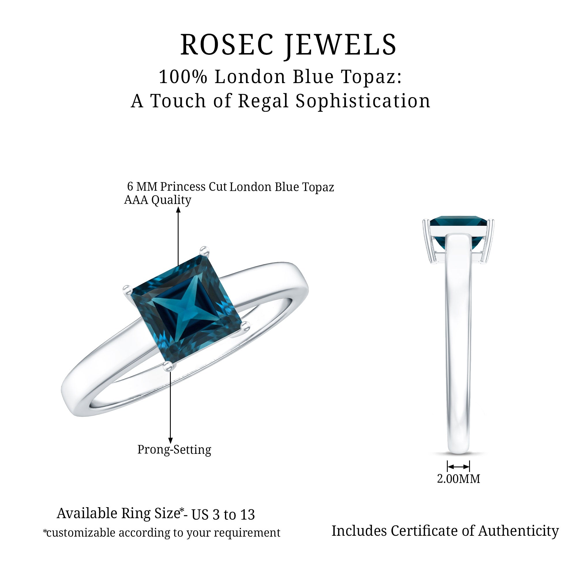 1 Carat Princess Cut London Blue Topaz Solitaire Ring AAA - Rosec Jewels