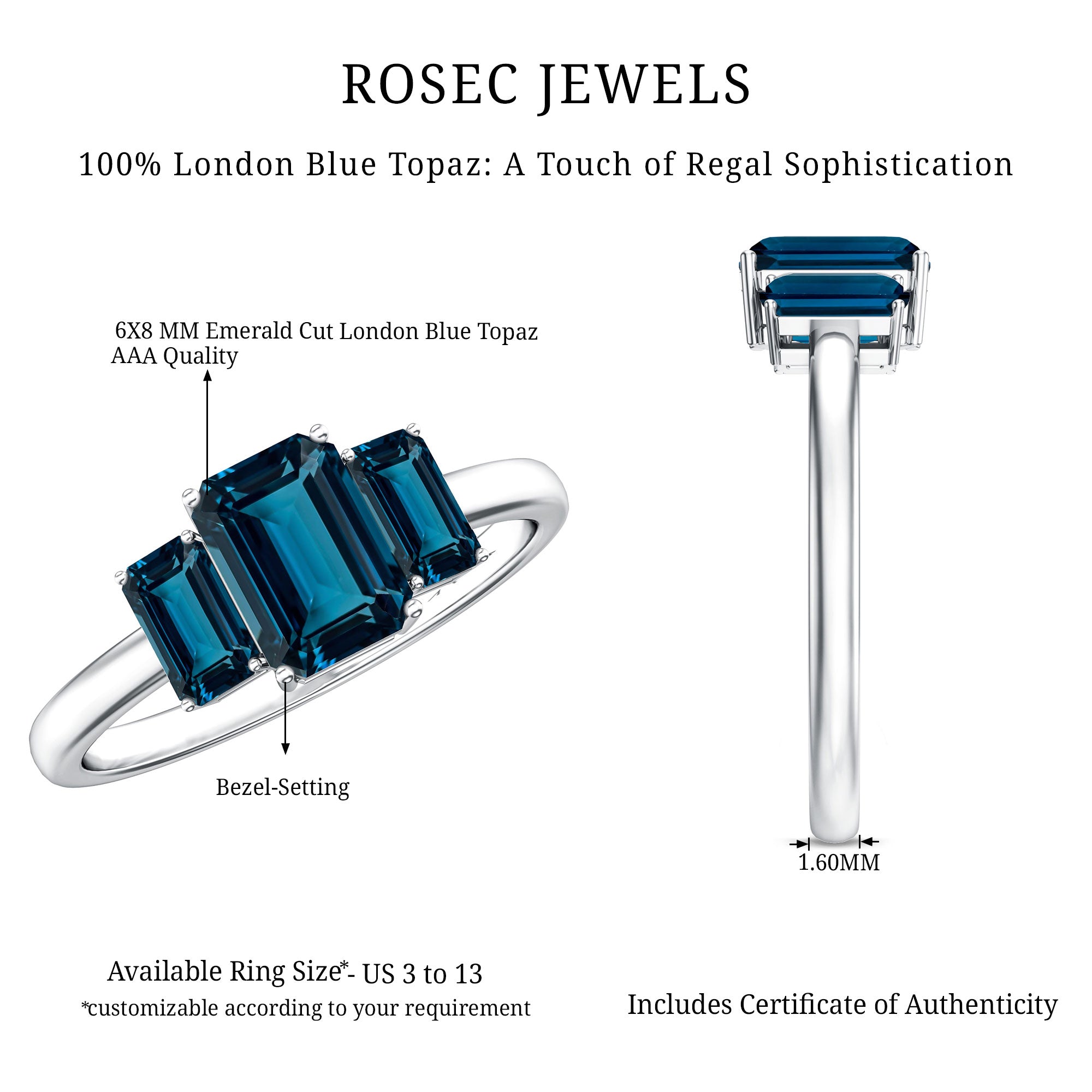Emerald Cut London Blue Topaz Three Stone Engagement Ring AAA - Rosec Jewels