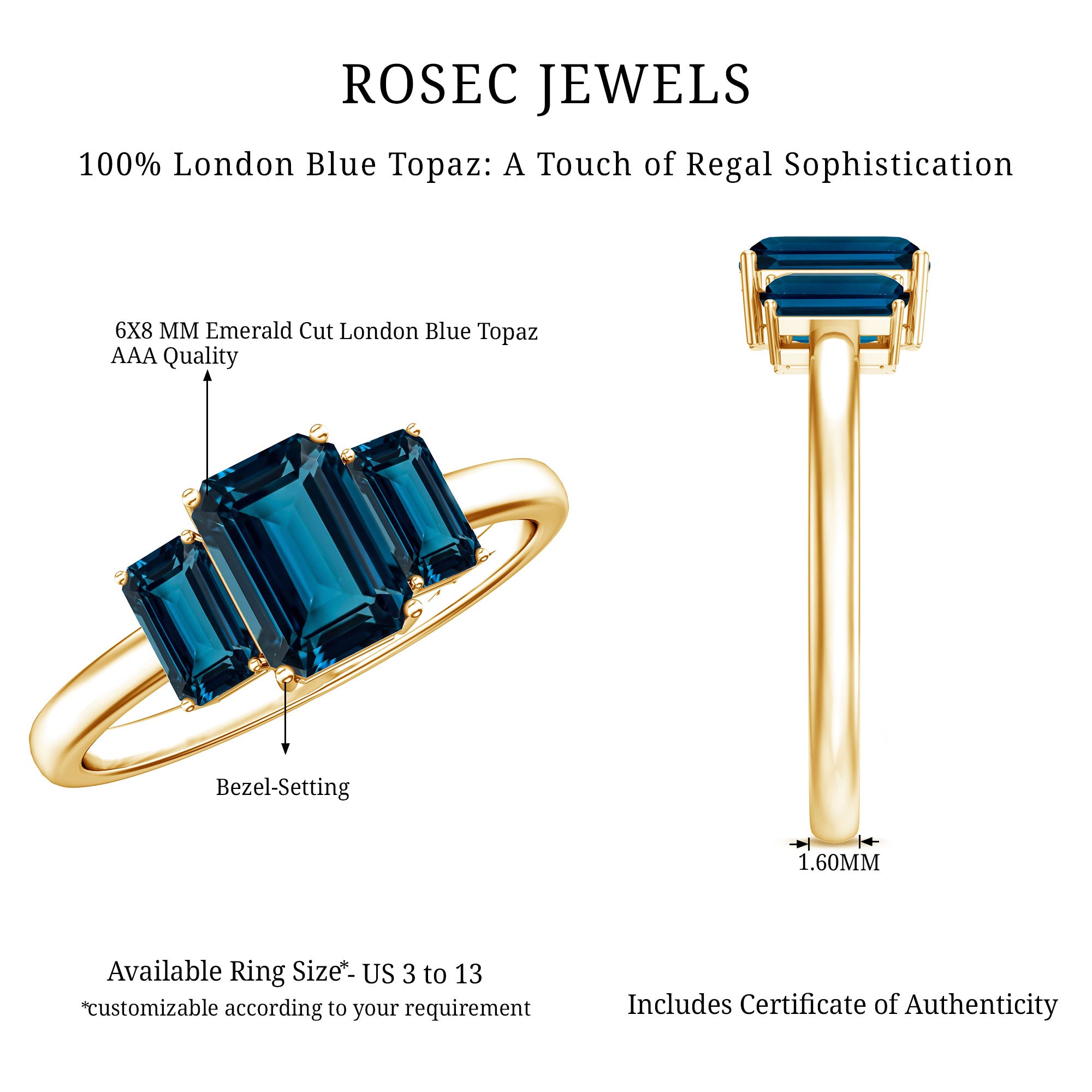 Emerald Cut London Blue Topaz Three Stone Engagement Ring AAA - Rosec Jewels