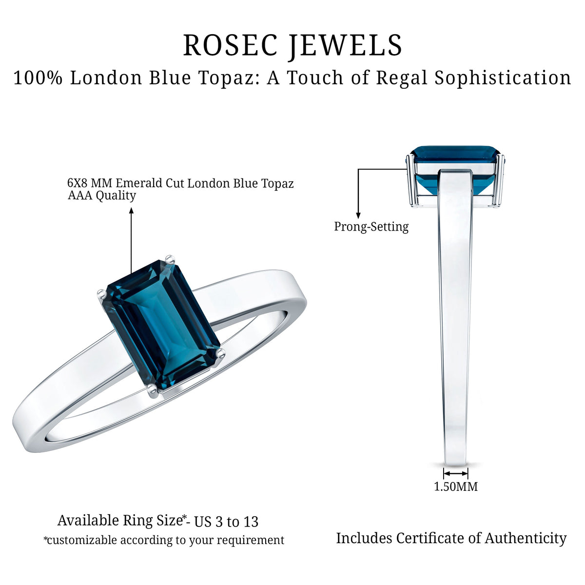 2.2 Carat Emerald Cut London Blue Topaz Solitaire Ring with Certificate AAA - Rosec Jewels