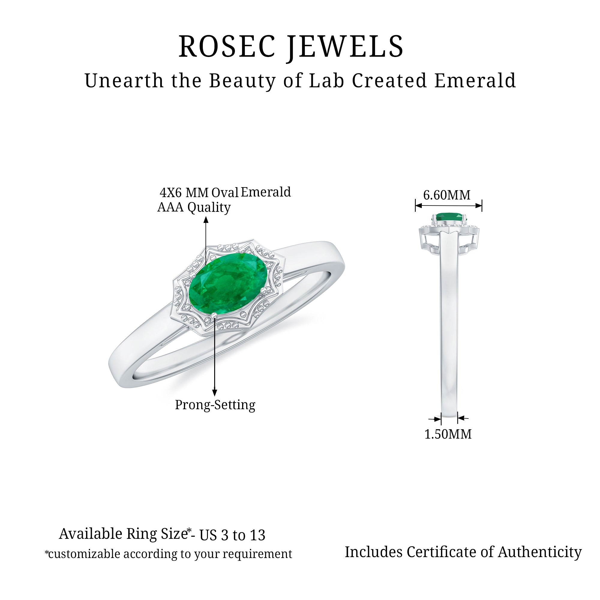 Rosec Jewels-Genuine Emerald Antique Looking Engagement Ring With Certificate