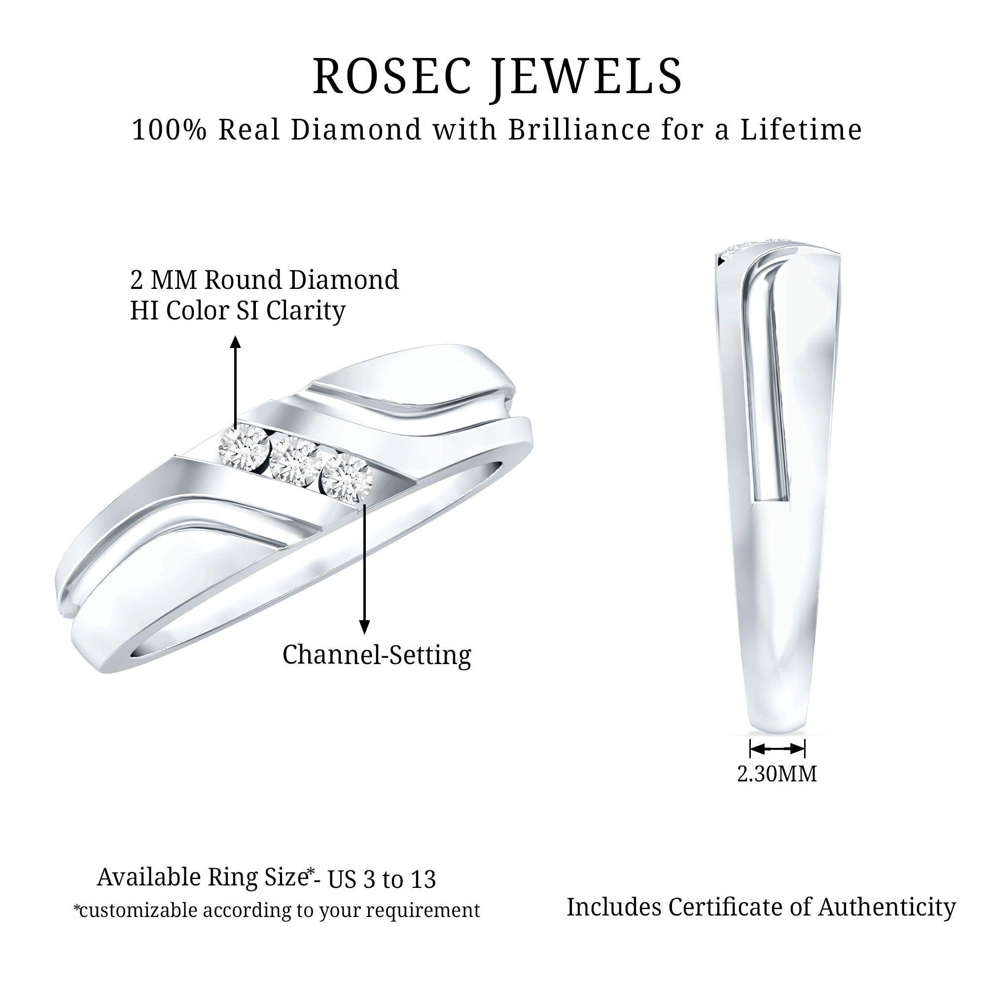 Certified Diamond Three Stone Band Ring for Men Natural - ( HI-SI ) - Rosec Jewels