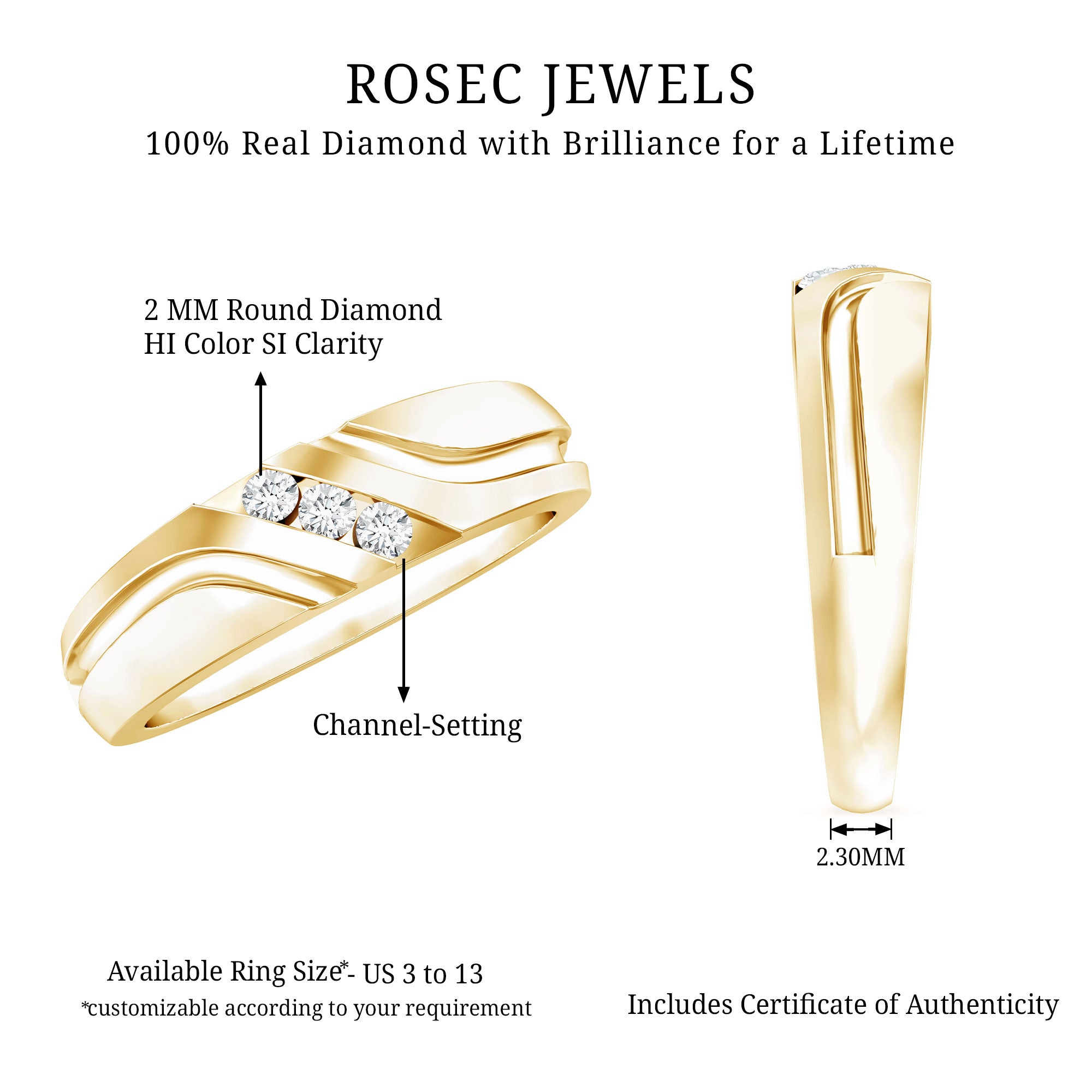 Certified Diamond Three Stone Band Ring for Men Natural - ( HI-SI ) - Rosec Jewels