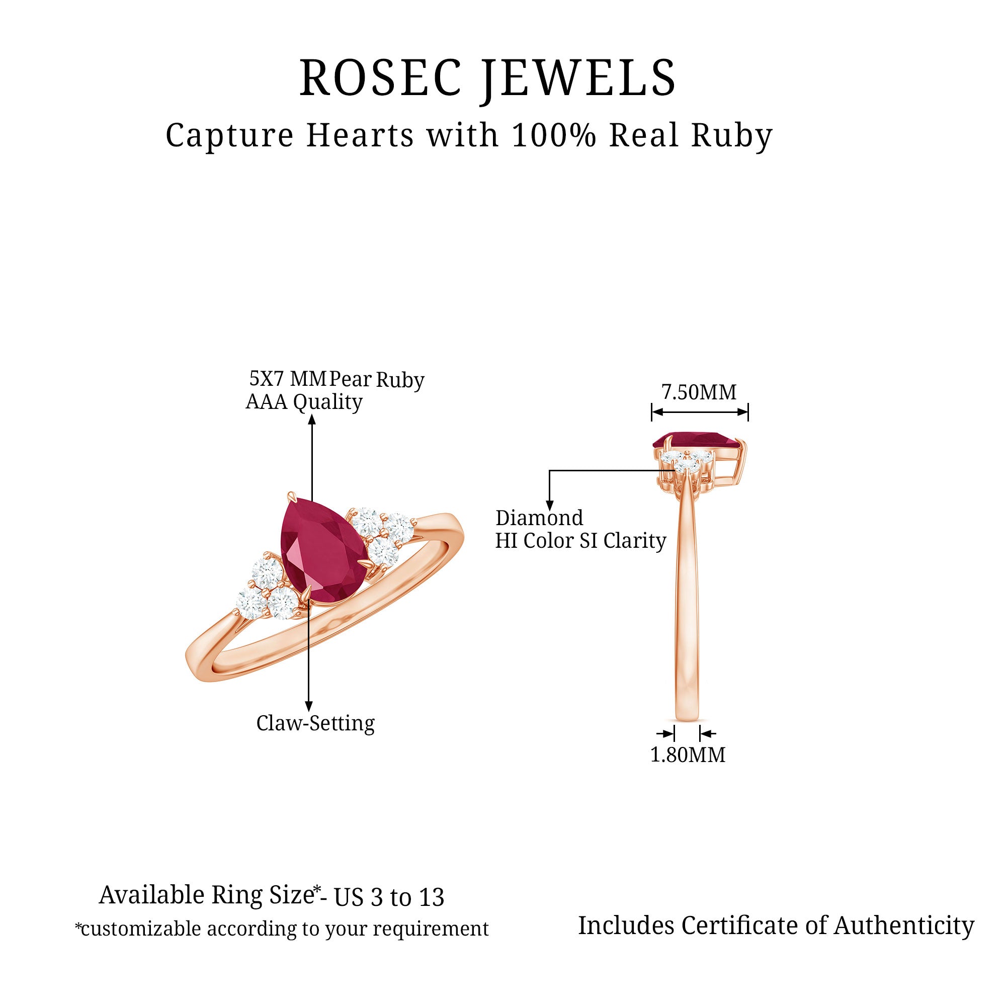 Natural 0.8 Carat Ruby Pear Shaped Engagement Ring with Diamond AAA - Rosec Jewels