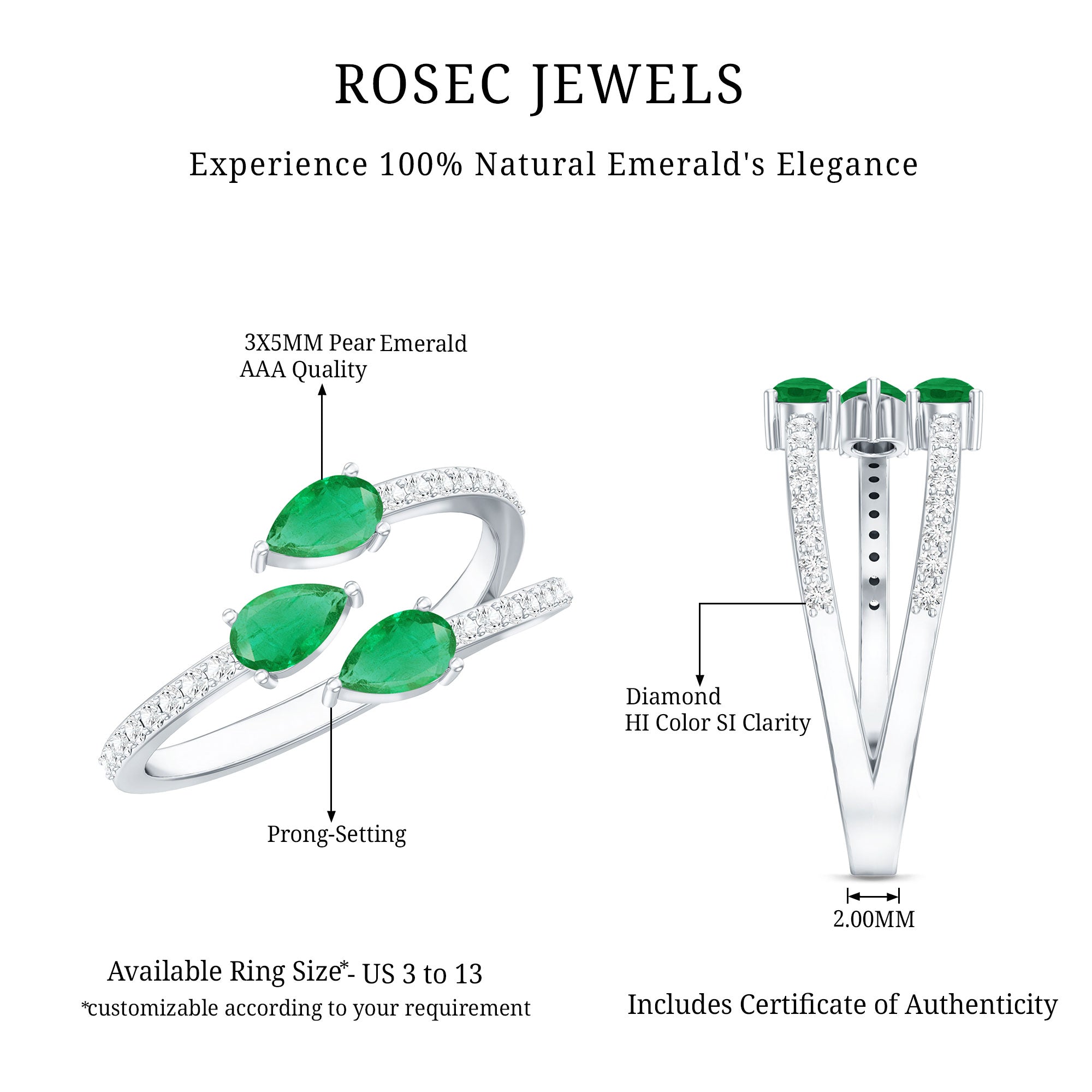 Pear Shaped Emerald and Diamond 3 Stone Statement Ring AAA - Rosec Jewels