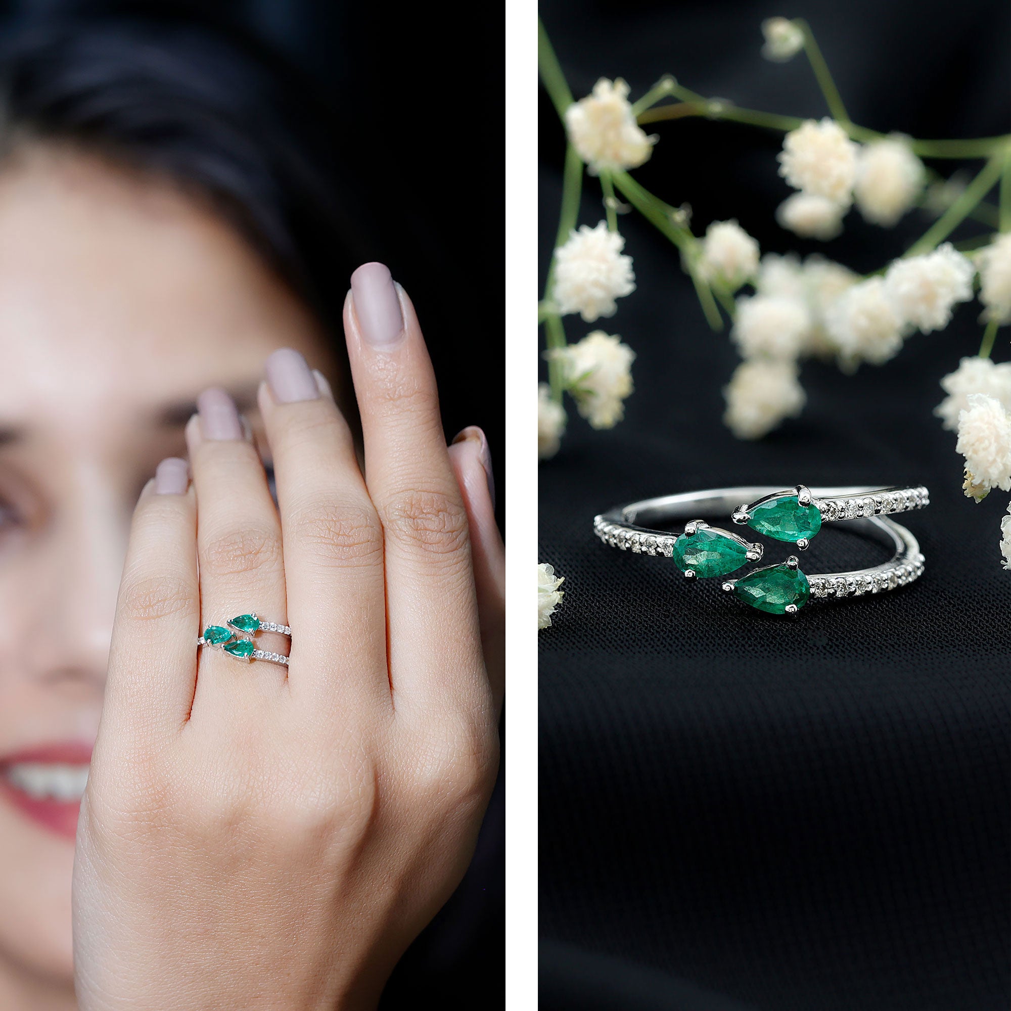 Pear Shaped Emerald and Diamond 3 Stone Statement Ring AAA - Rosec Jewels