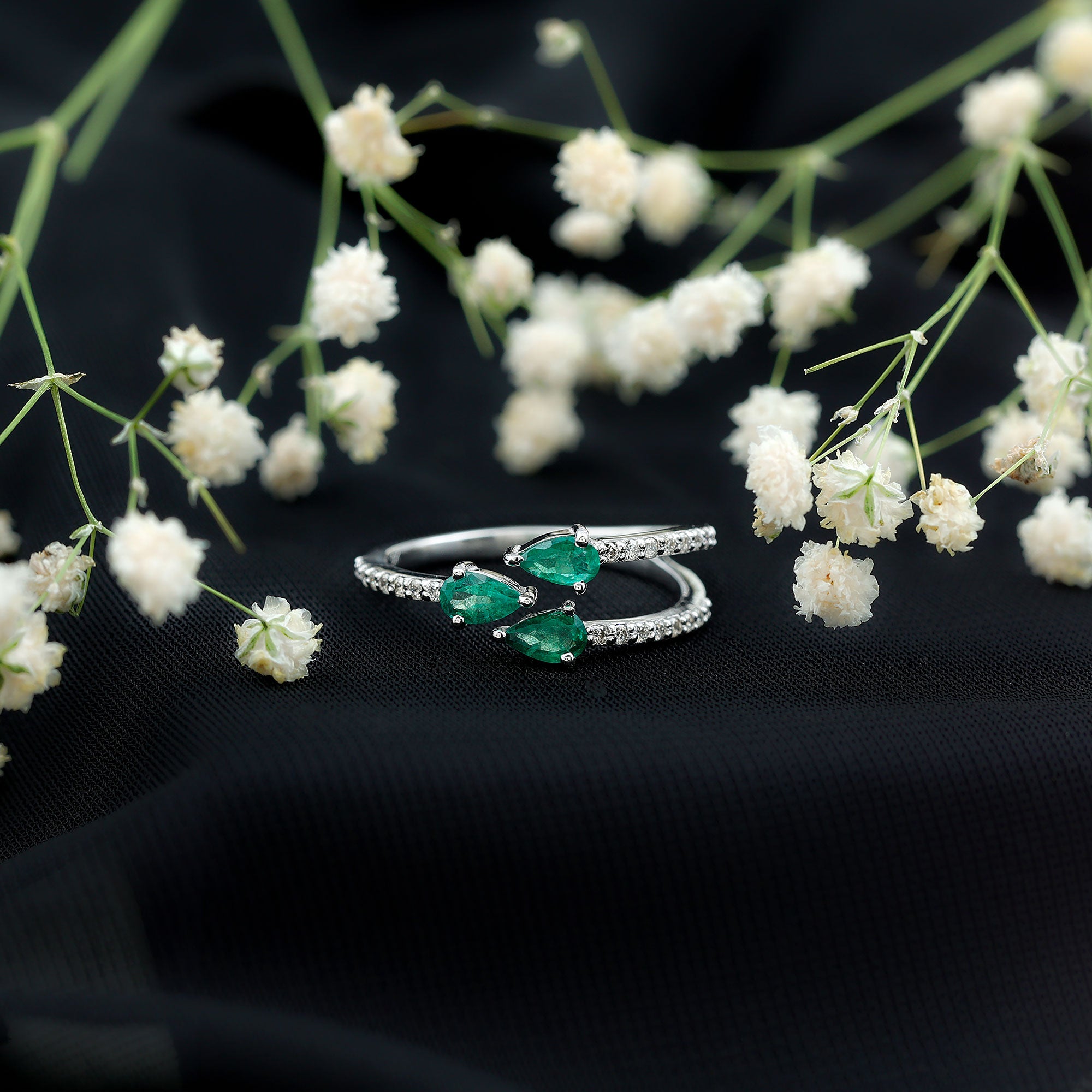 Pear Shaped Emerald and Diamond 3 Stone Statement Ring AAA - Rosec Jewels