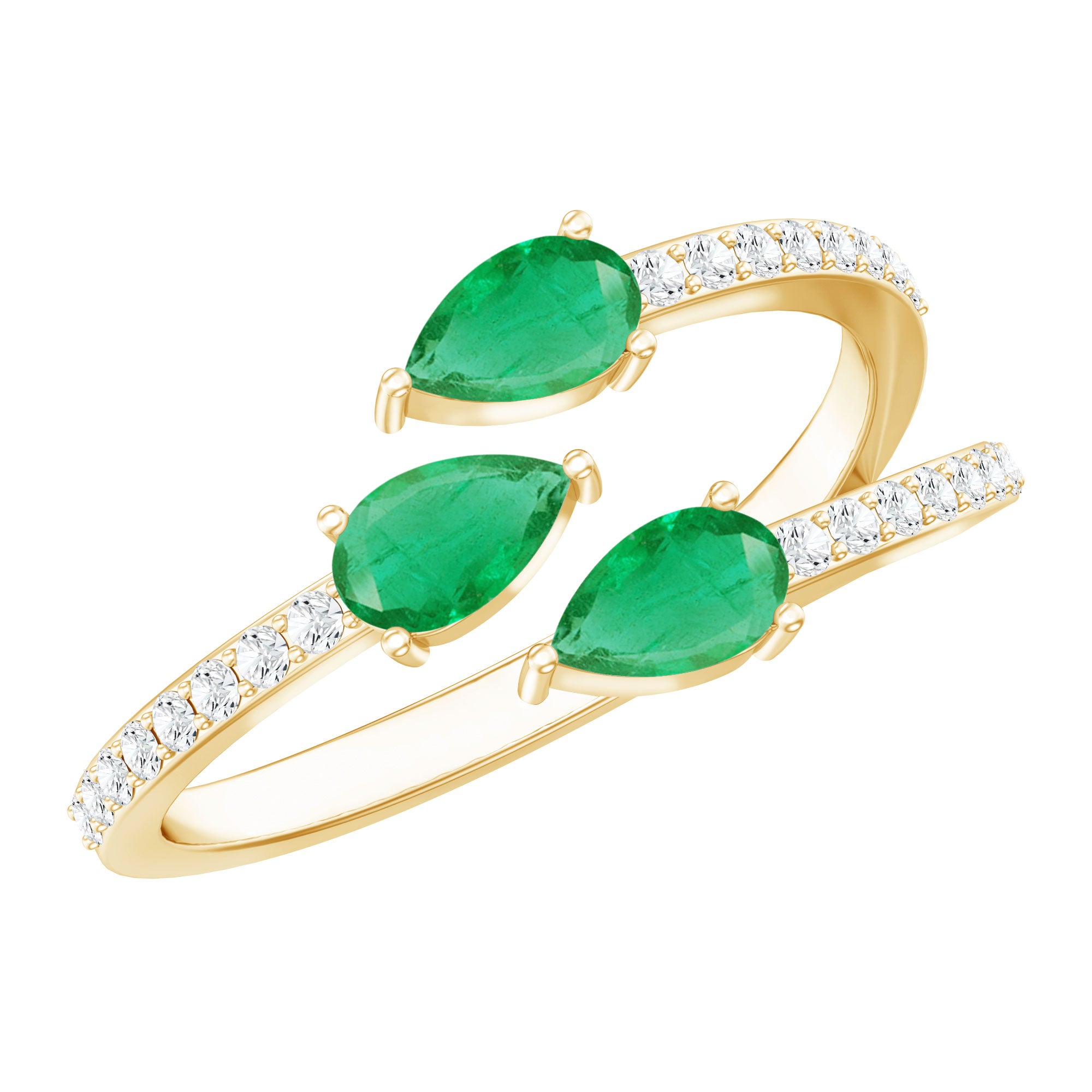 Pear Shaped Emerald and Diamond 3 Stone Statement Ring AAA - Rosec Jewels