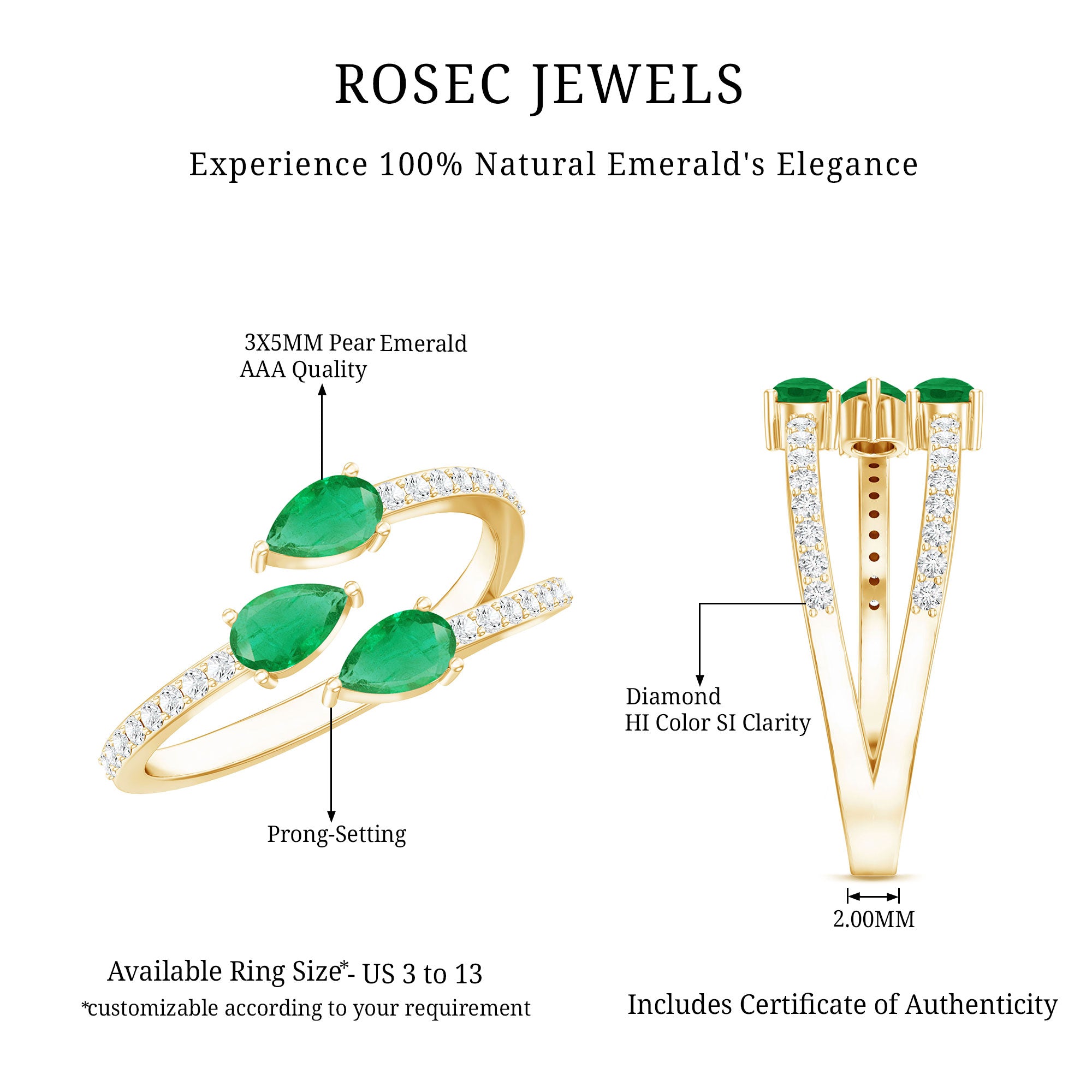 Pear Shaped Emerald and Diamond 3 Stone Statement Ring AAA - Rosec Jewels