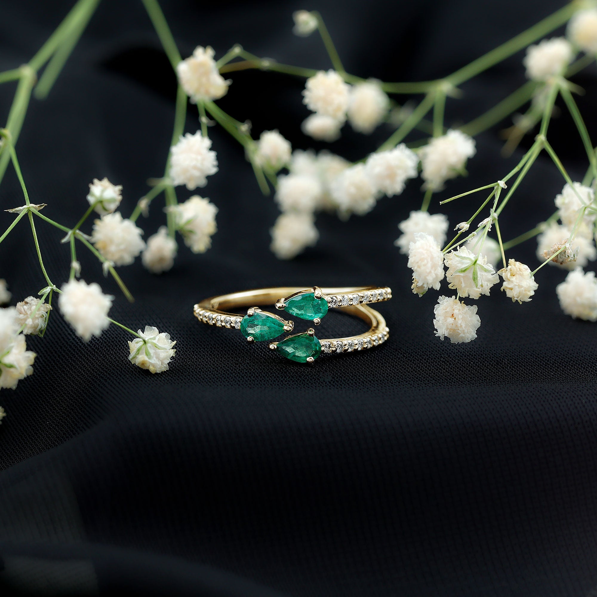 Pear Shaped Emerald and Diamond 3 Stone Statement Ring AAA - Rosec Jewels