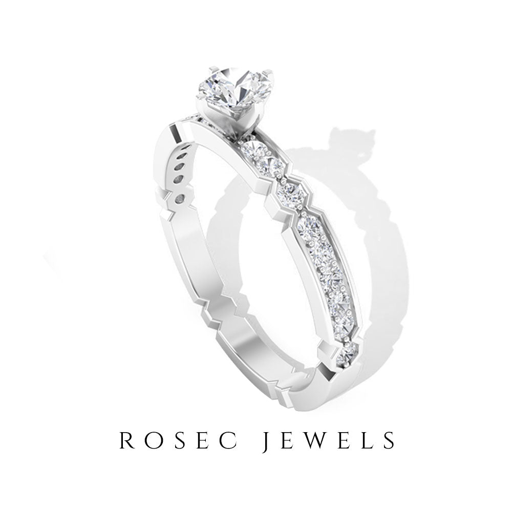 Shimmery Diamond Solitaire Engagement Ring with Side Stone Natural - ( HI-SI ) - Rosec Jewels