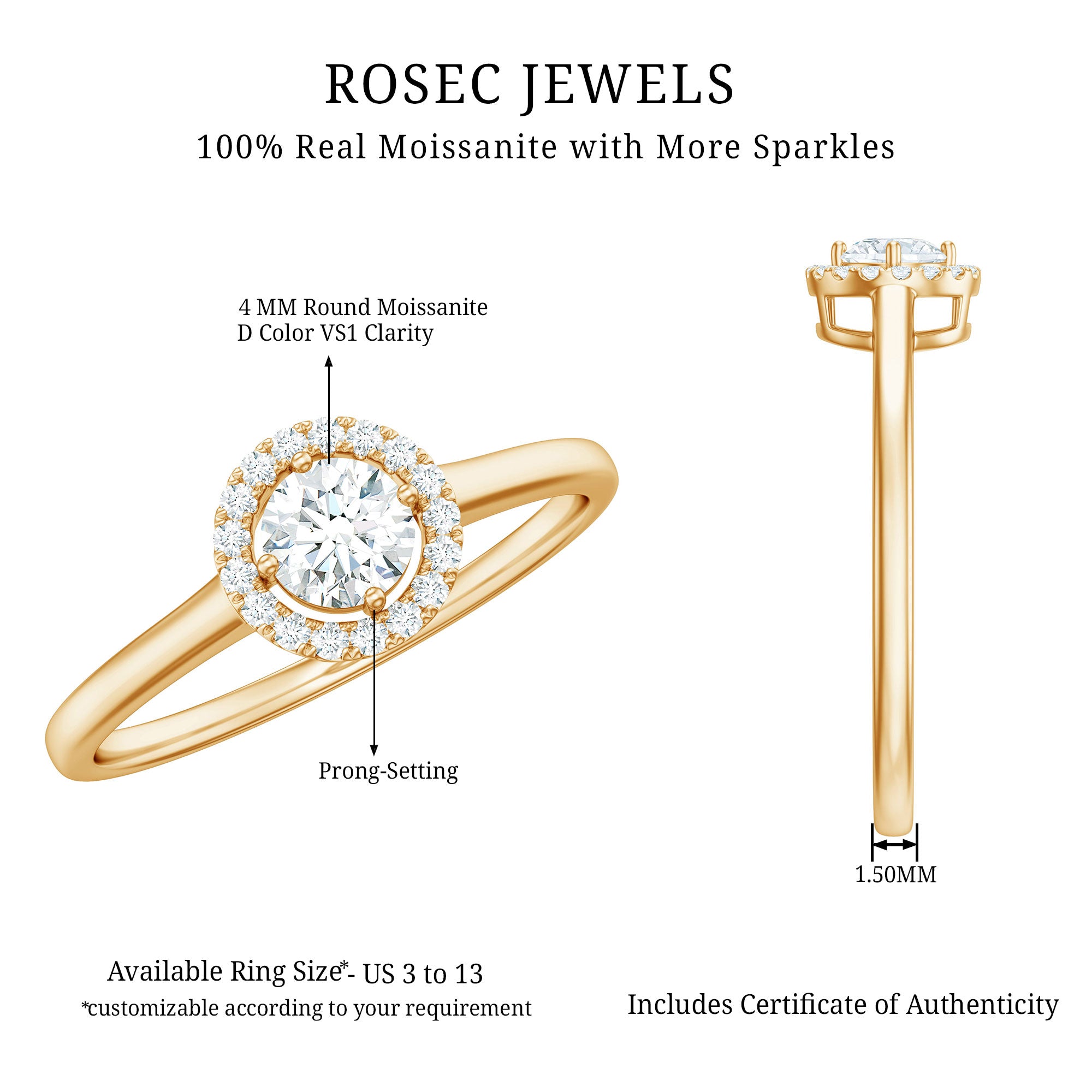 Certified Moissanite Promise Ring for Her with Halo D-VS1 - Rosec Jewels