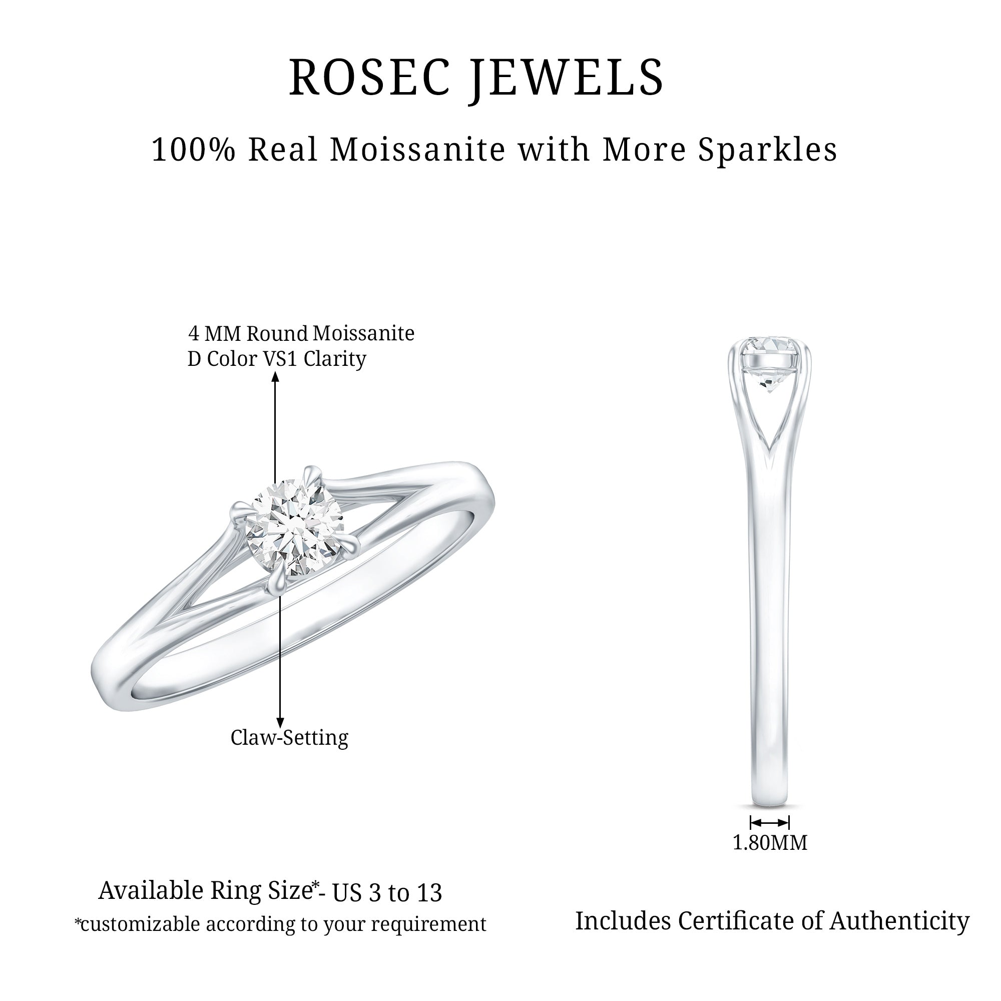 Promise Ring with Moissanite in Claw Setting D-VS1 - Rosec Jewels