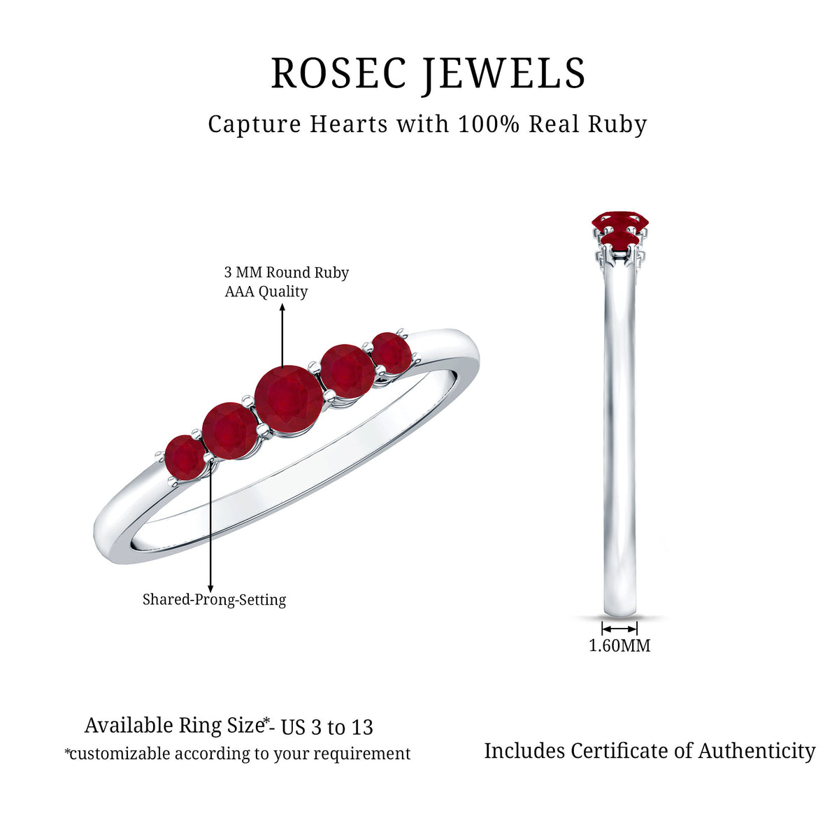 Natural July Birthstone Ruby 5 Stone Ring for Promise AAA - Rosec Jewels