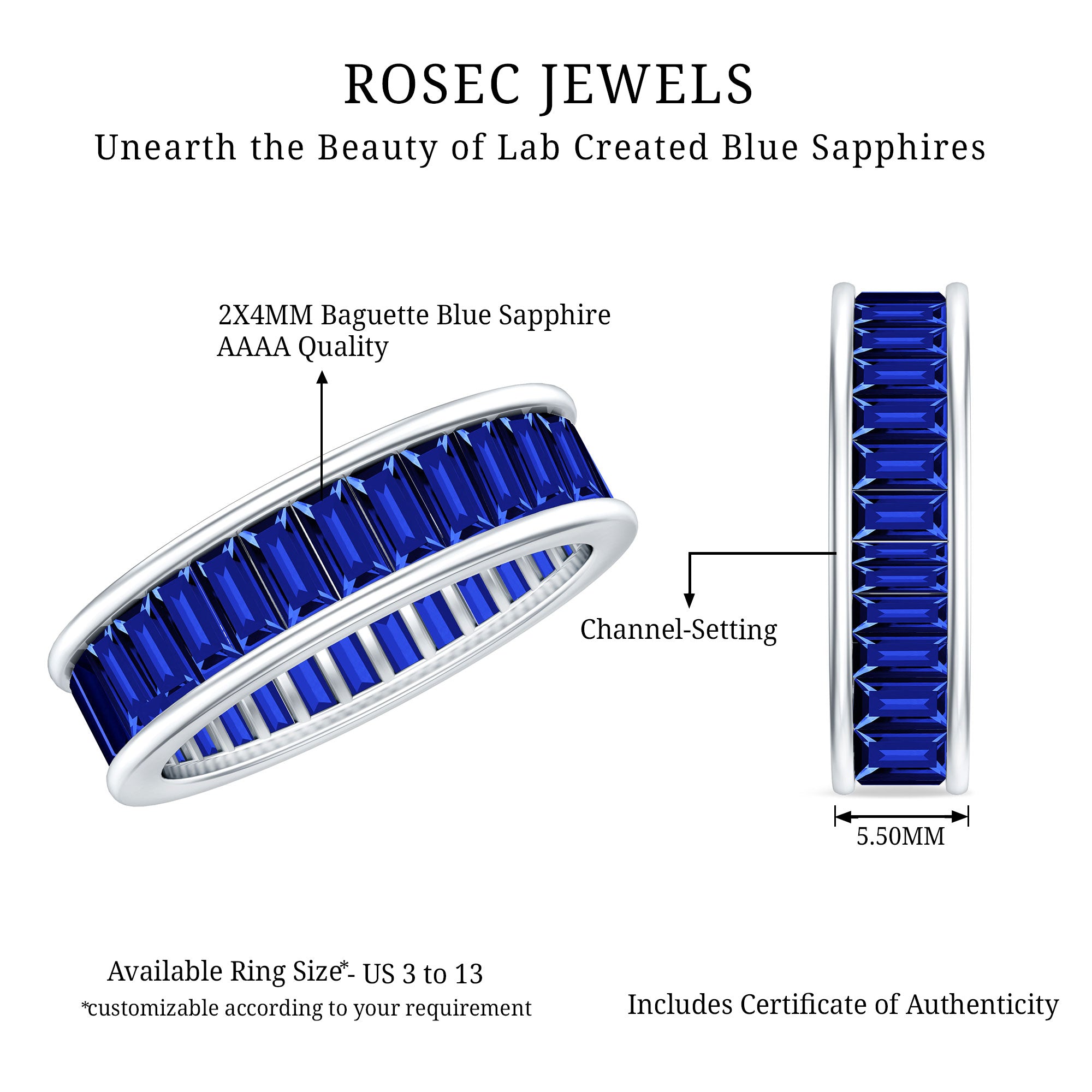 Baguette Shape Lab Created Blue Sapphire Channel Set Eternity Band AAAA - Rosec Jewels