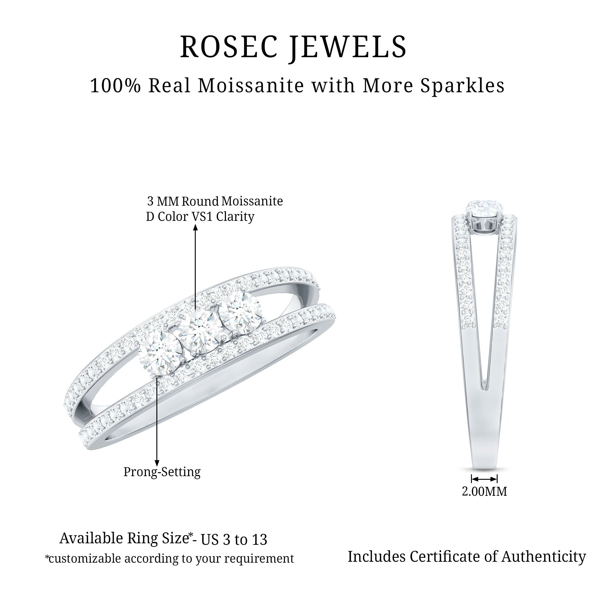 Certified Moissanite 3 Stone Anniversary Ring for Women D-VS1 - Rosec Jewels